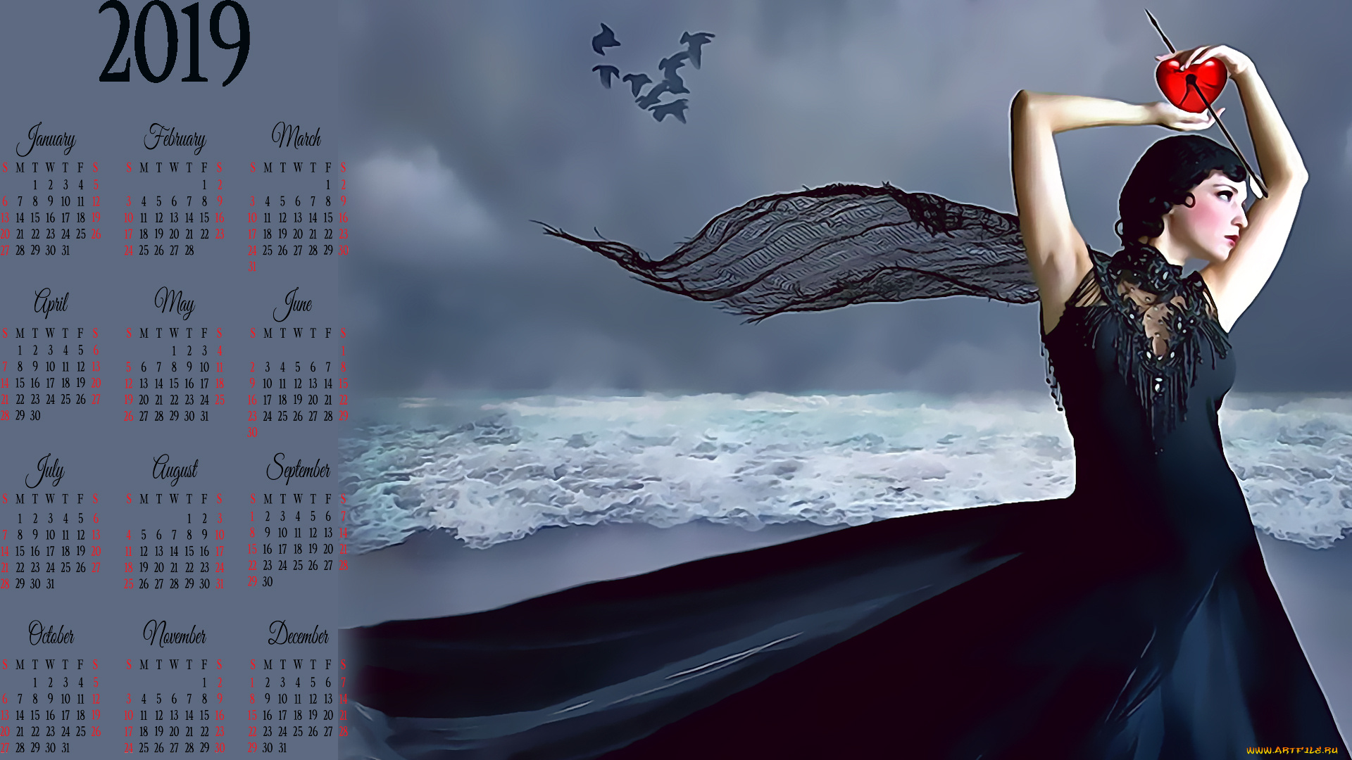 календари, фэнтези, девушка, водоем