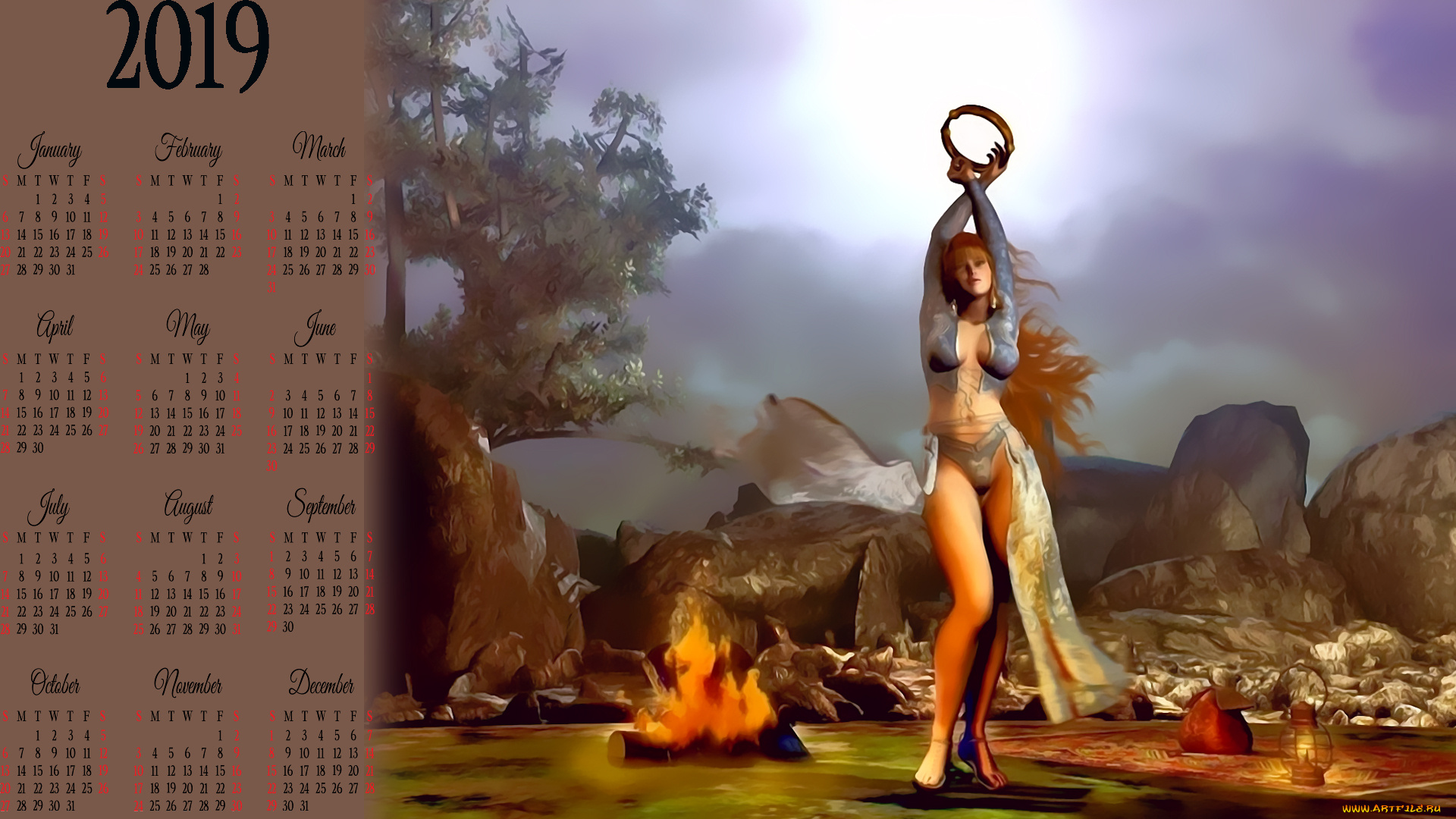 календари, фэнтези, растения, природа, девушка, костер