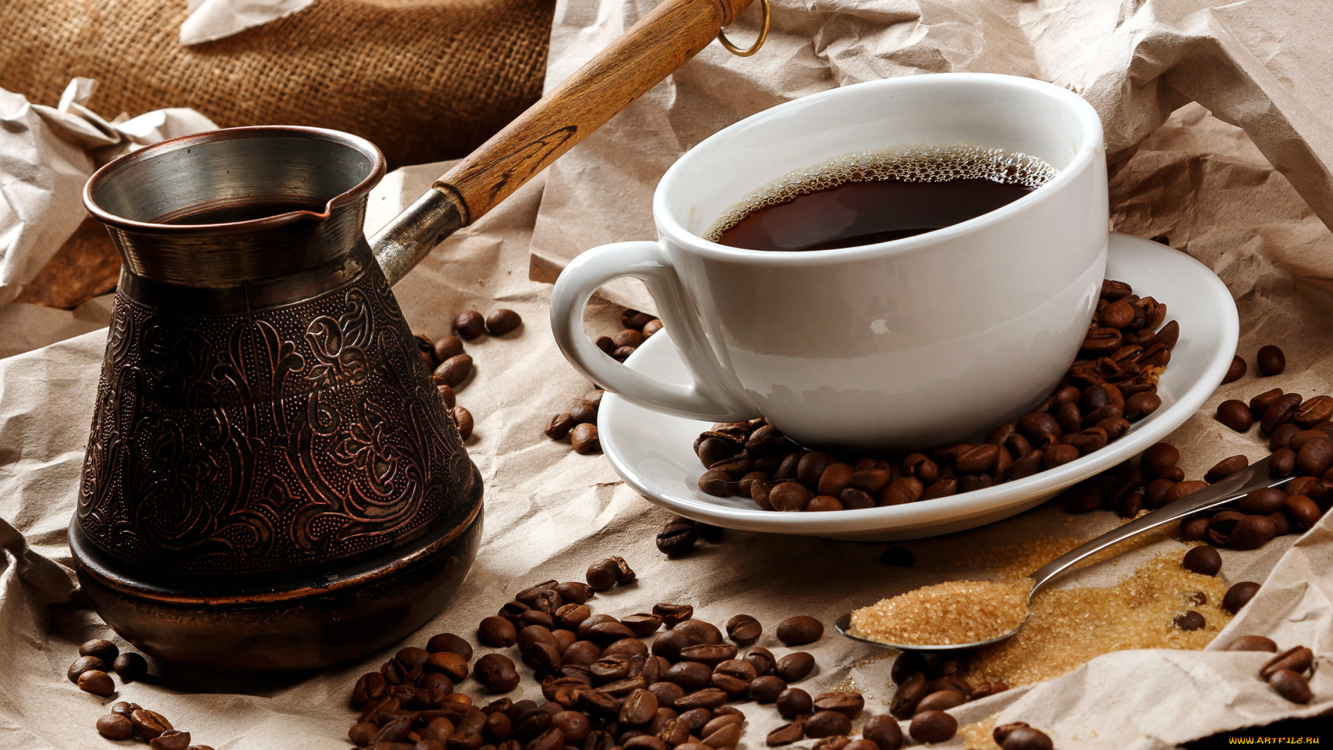 еда, кофе, , кофейные, зёрна, джезва, сахар, зерна