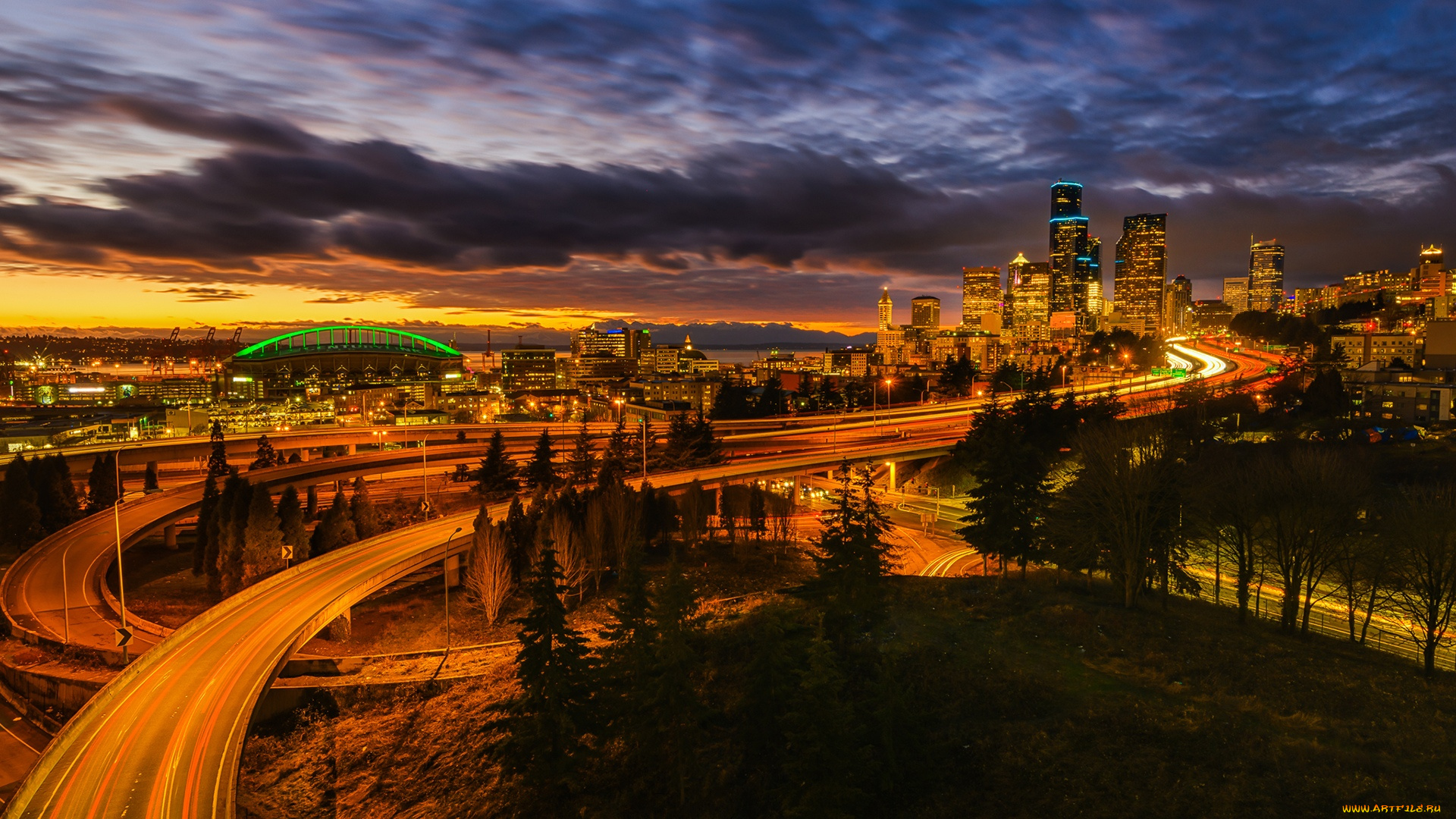 города, сиэтл, , сша, сиэтл, огни, развязка, дорога