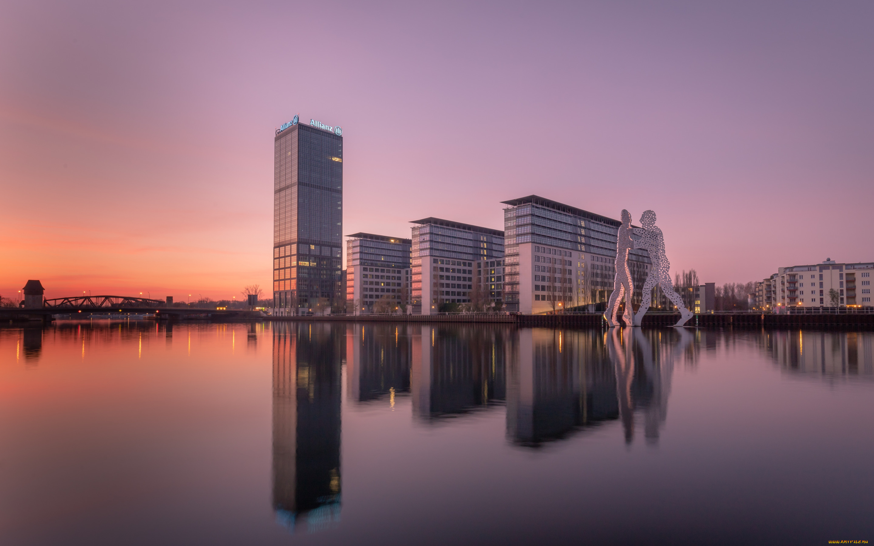 berlin, , germany, города, берлин, , германия, закат, вечер, spree, river, alt-treptow, allianz, tower, treptowers, берлин, современные, здания, cityscape
