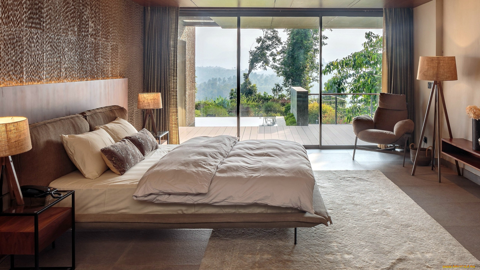 интерьер, спальня, кровать, торшер, лампа