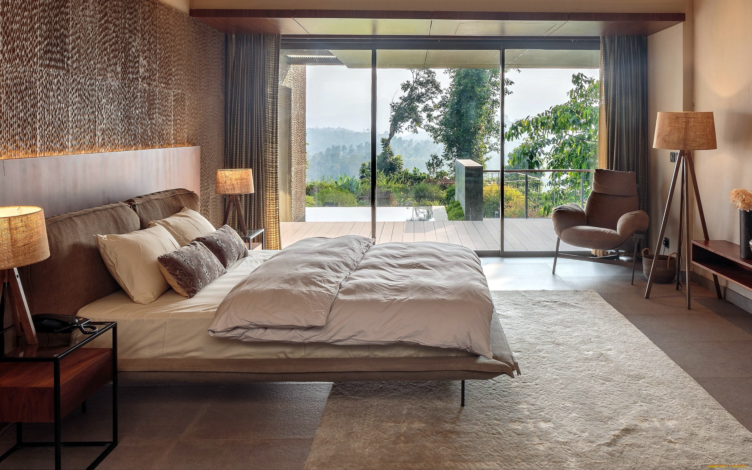 интерьер, спальня, кровать, торшер, лампа