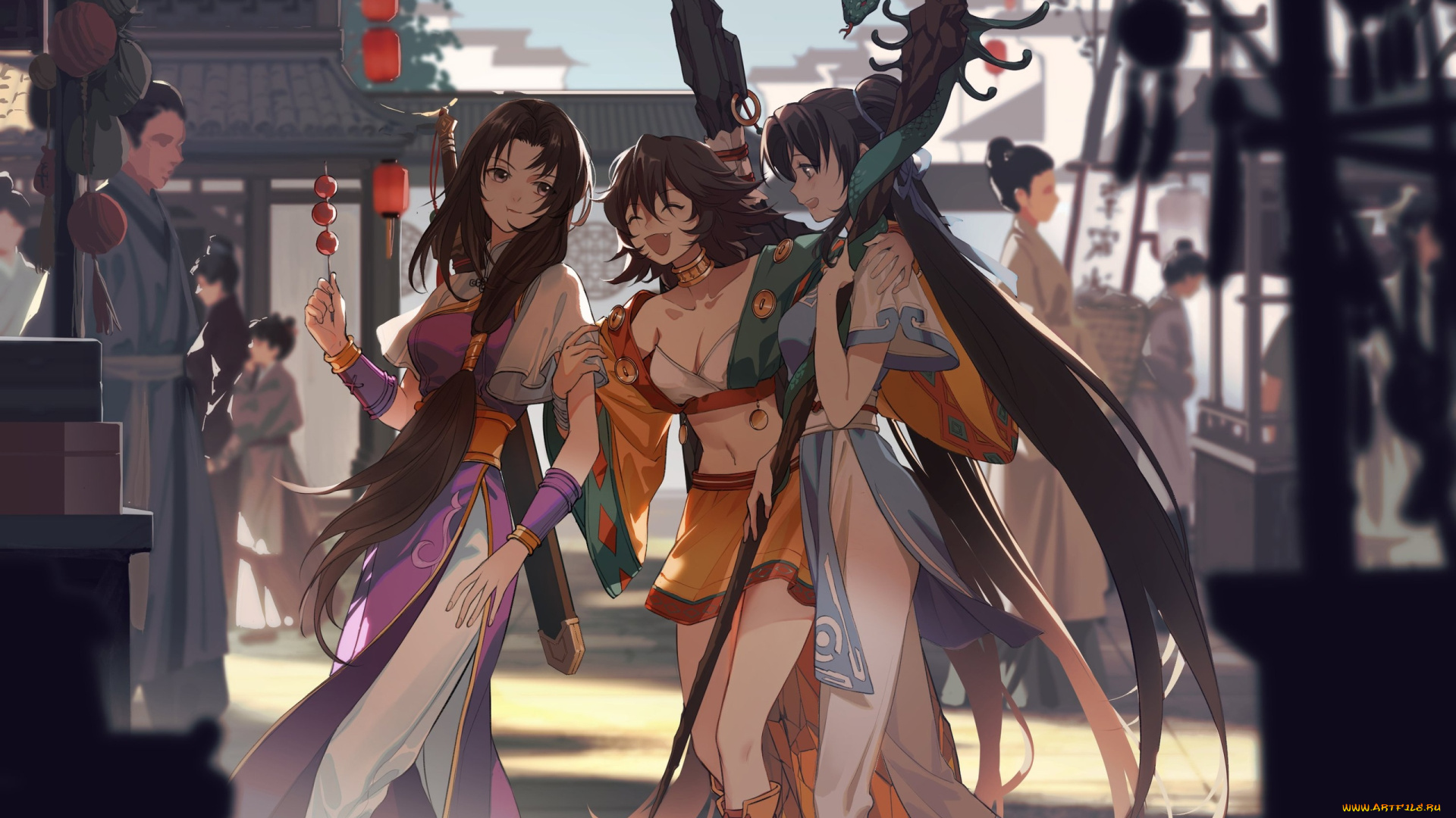 аниме, unknown, , другое, , девушки, оружие, улица, люди