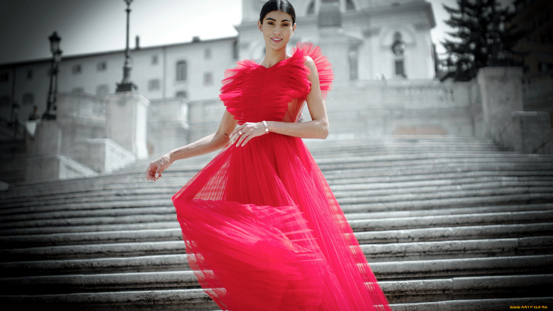 девушки, -, брюнетки, , шатенки, лестница, ступени, брюнетка, нарядное, платье