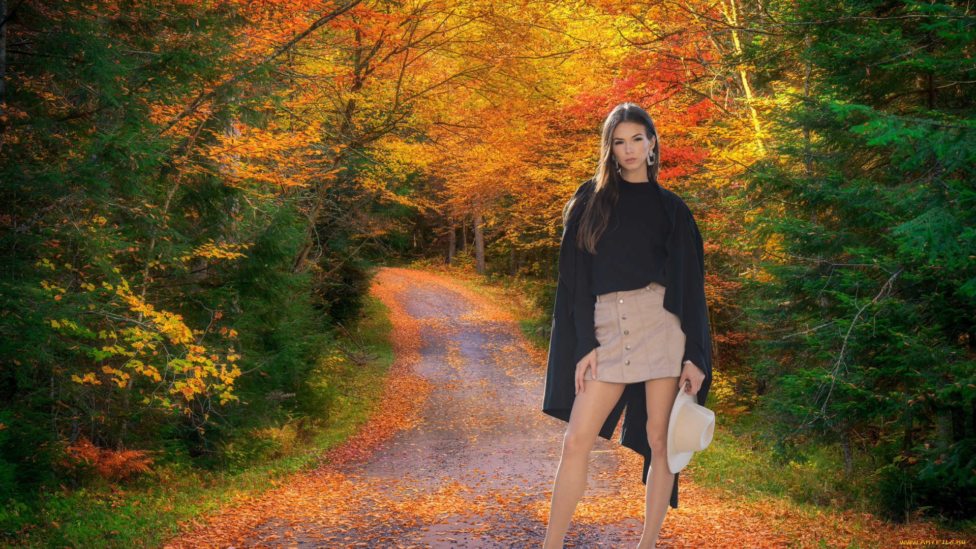 девушки, -, брюнетки, , шатенки, парк, осень, листья, листопад, брюнетка, шляпа