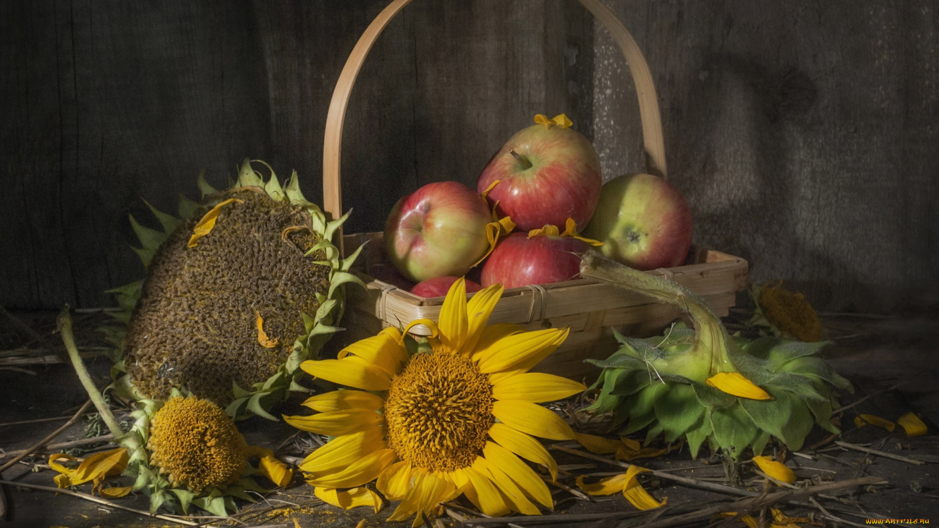 еда, яблоки, корзина, подсолнухи
