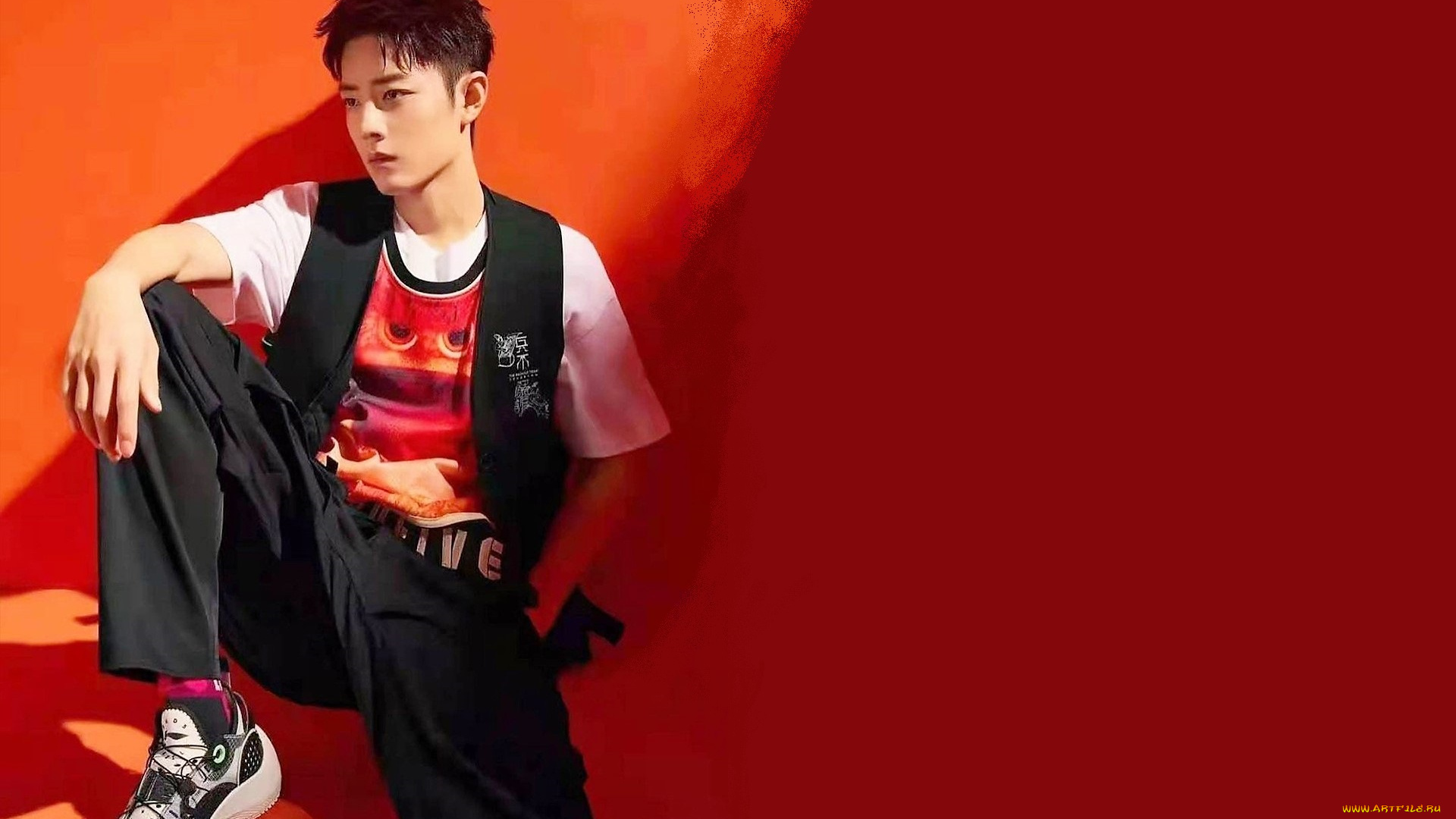 мужчины, xiao, zhan, жилет, футболка, штаны, кеды