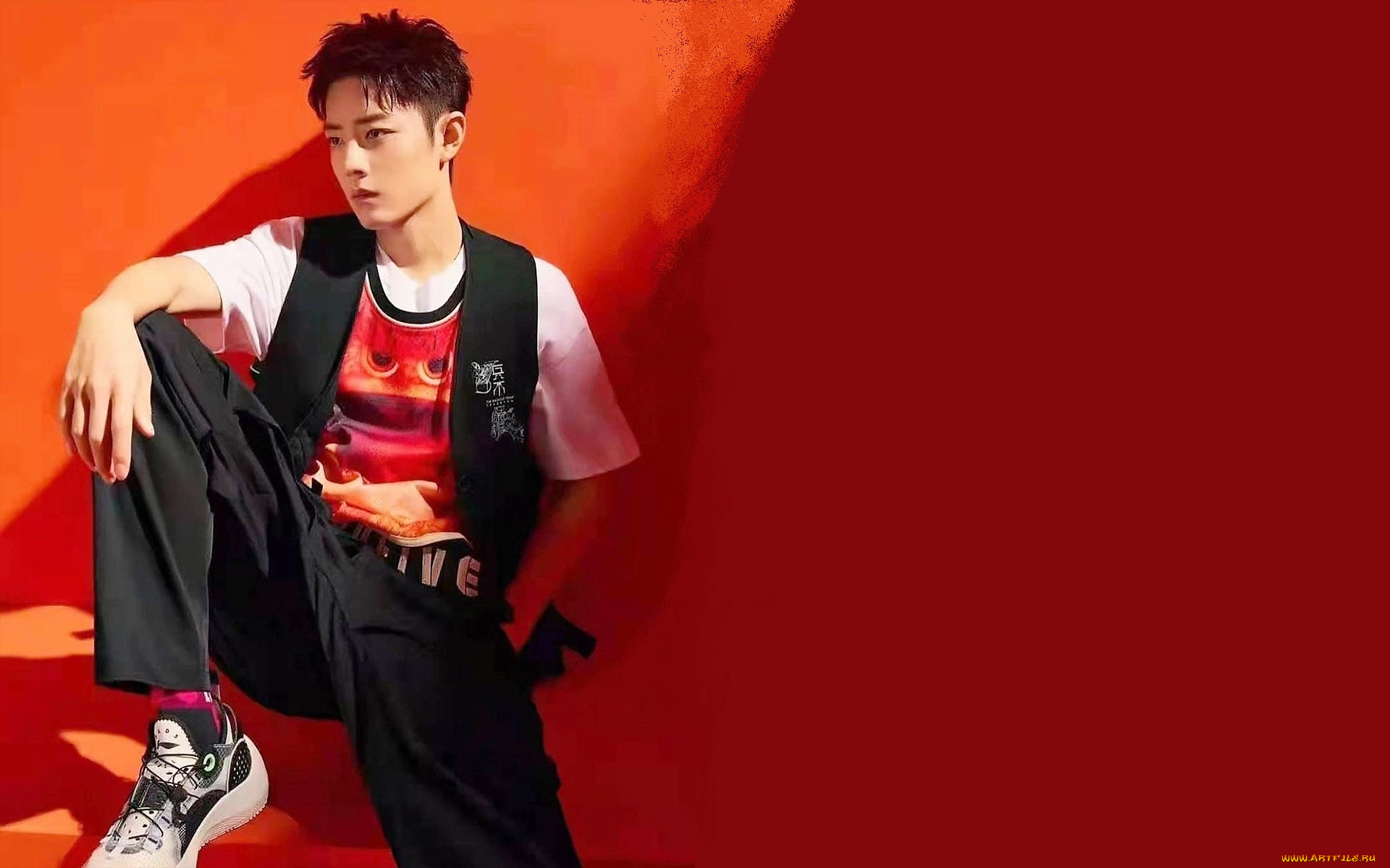 мужчины, xiao, zhan, жилет, футболка, штаны, кеды