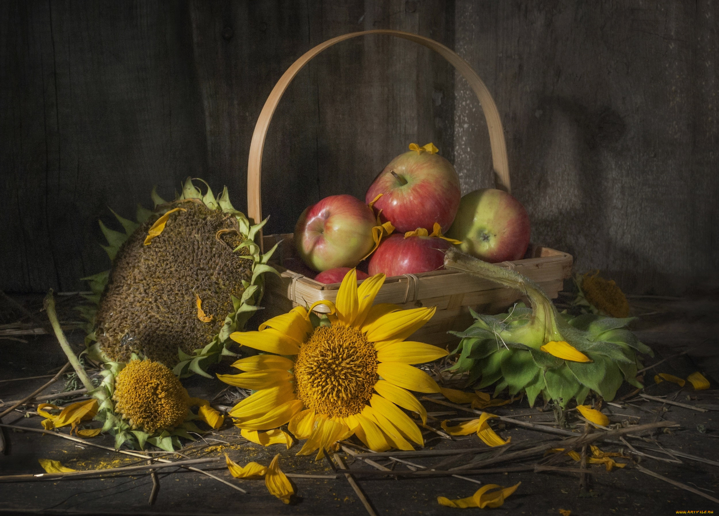 еда, яблоки, корзина, подсолнухи