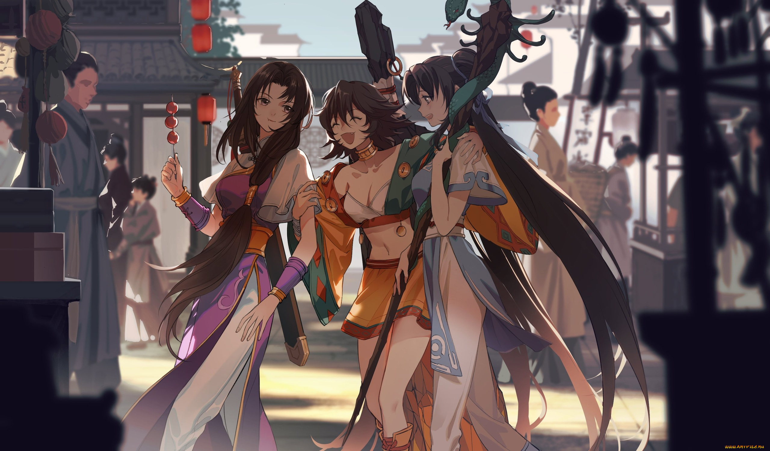 аниме, unknown, , другое, , девушки, оружие, улица, люди