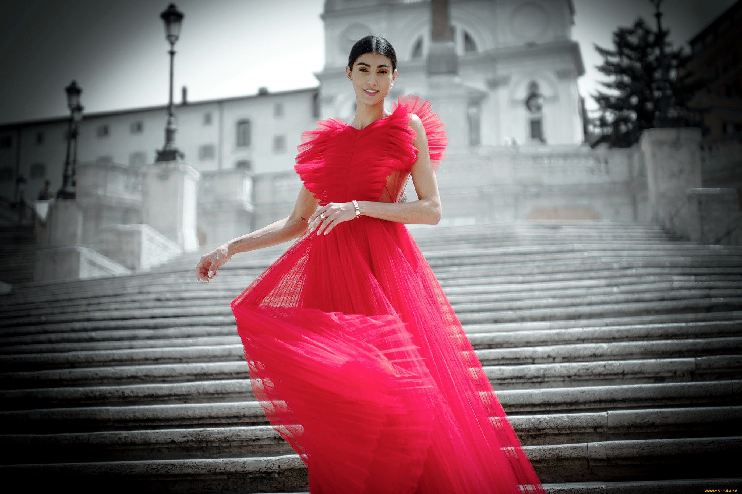 девушки, -, брюнетки, , шатенки, лестница, ступени, брюнетка, нарядное, платье