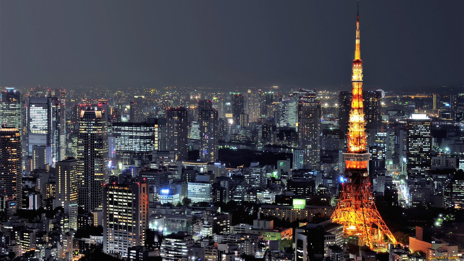 города, токио, , япония, телебашня, панорама, огни