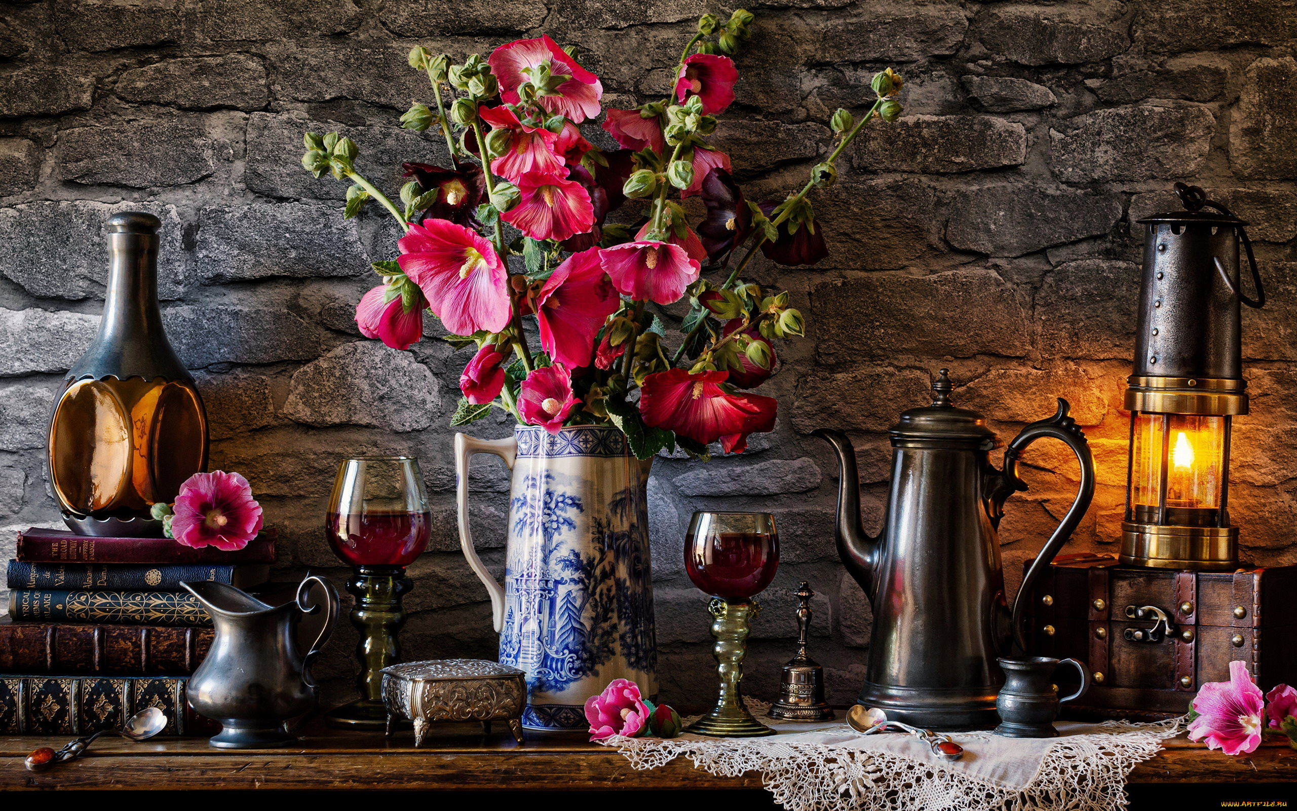 еда, натюрморт, бокалы, вино, фонарь, сундук, книги, букет