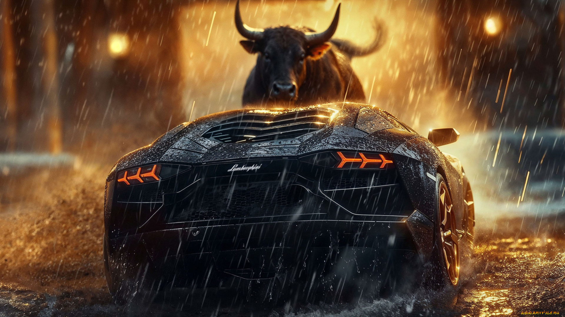 автомобили, 3д, черный, lamborghini, дождь, бык, арт, bull, сзади, revuelto