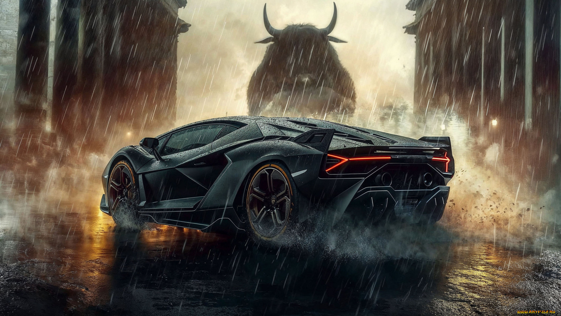 автомобили, 3д, черный, lamborghini, дождь, бык, арт, bull, revuelto
