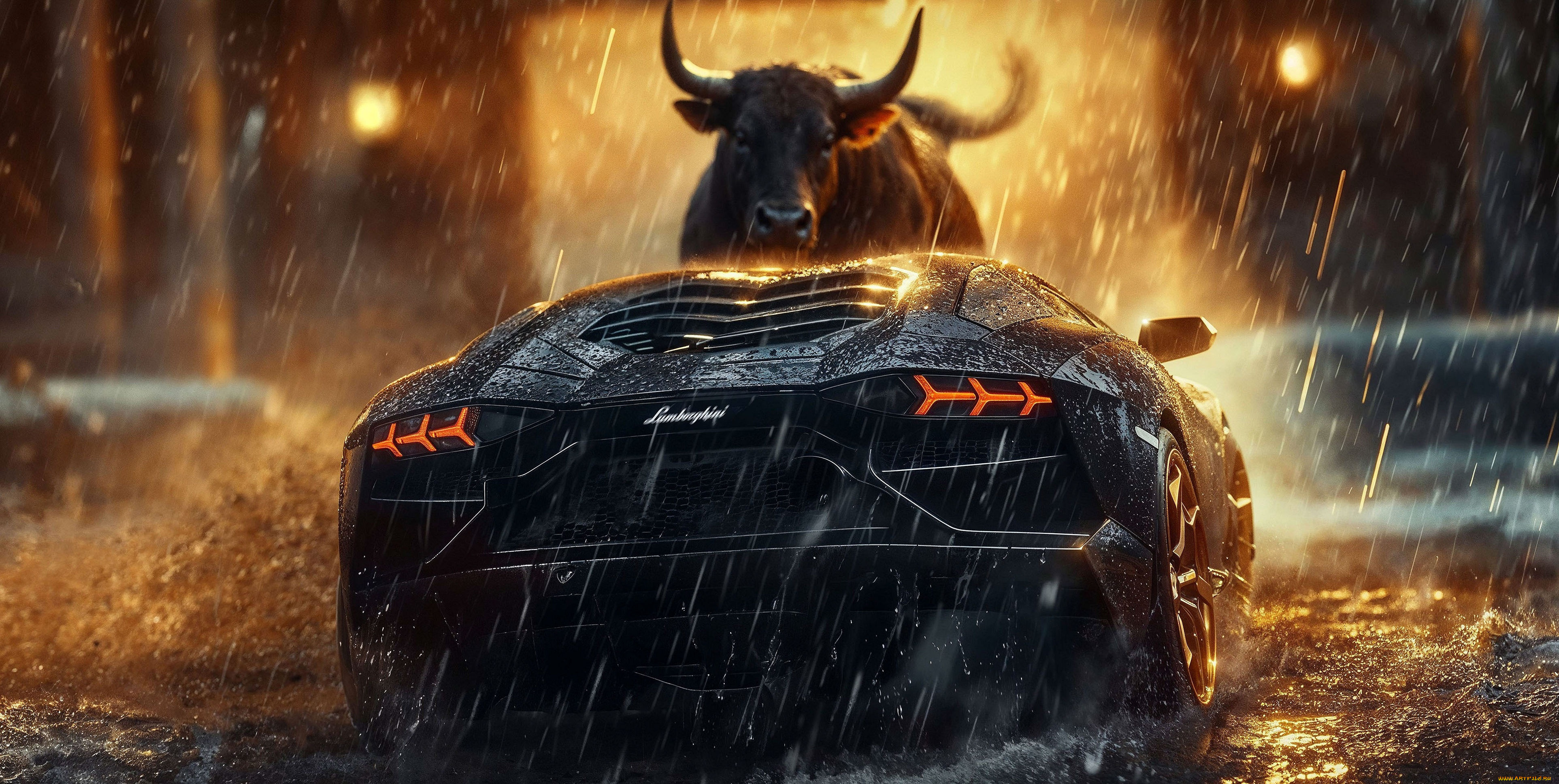 автомобили, 3д, черный, lamborghini, дождь, бык, арт, bull, сзади, revuelto
