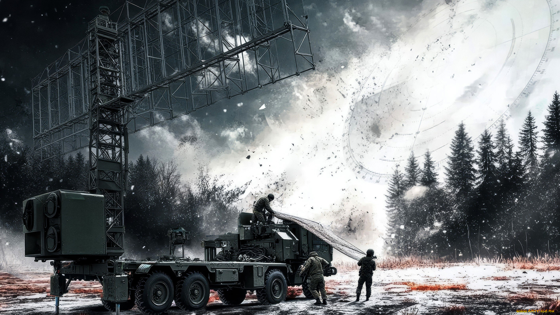 рисованное, армия, радар, машина, ночь, люди, солдаты, лес, снег, поляна