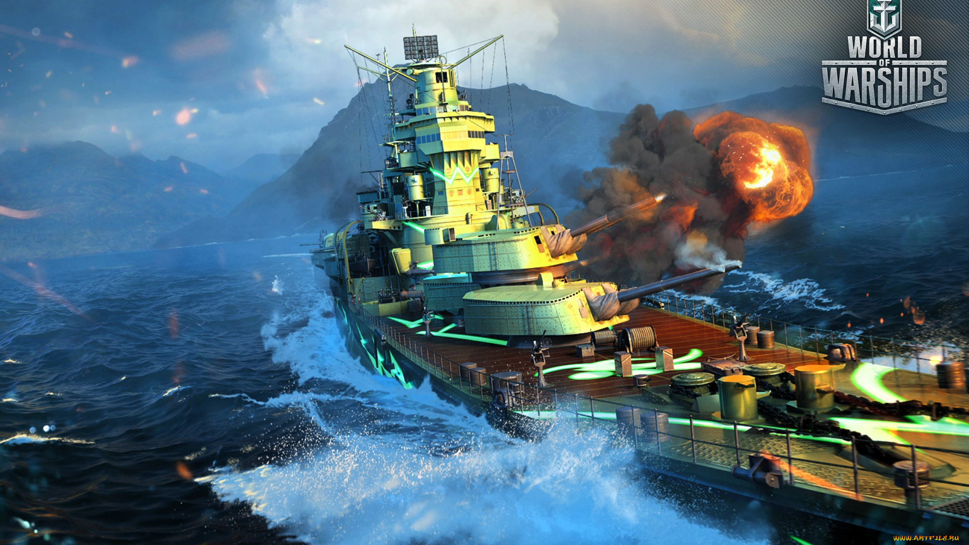 видео, игры, world, of, warships, корабль, пушки, выстрел, море, горы