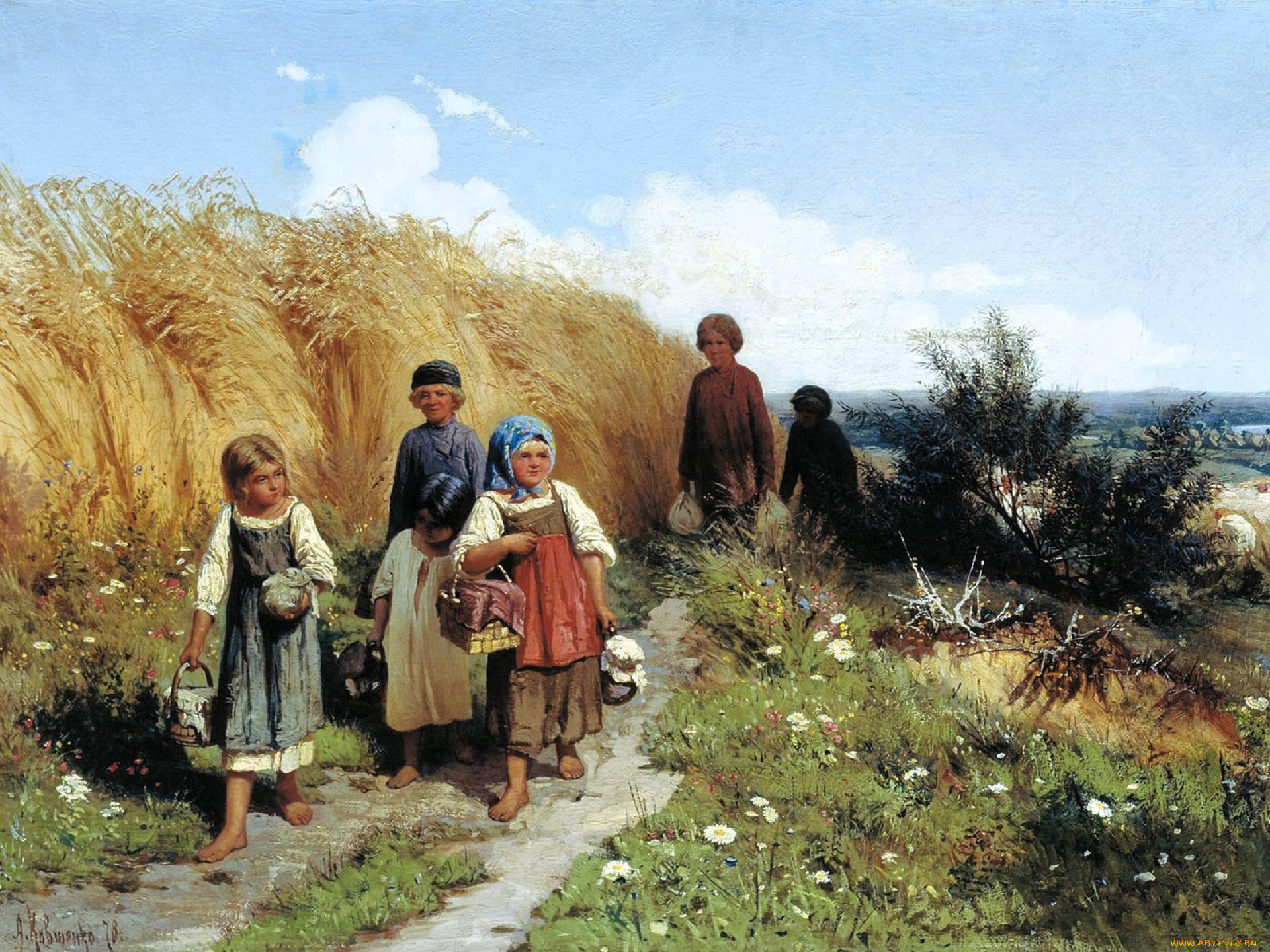 алексей, кившенко, рисованное, дети, поле, тропинка