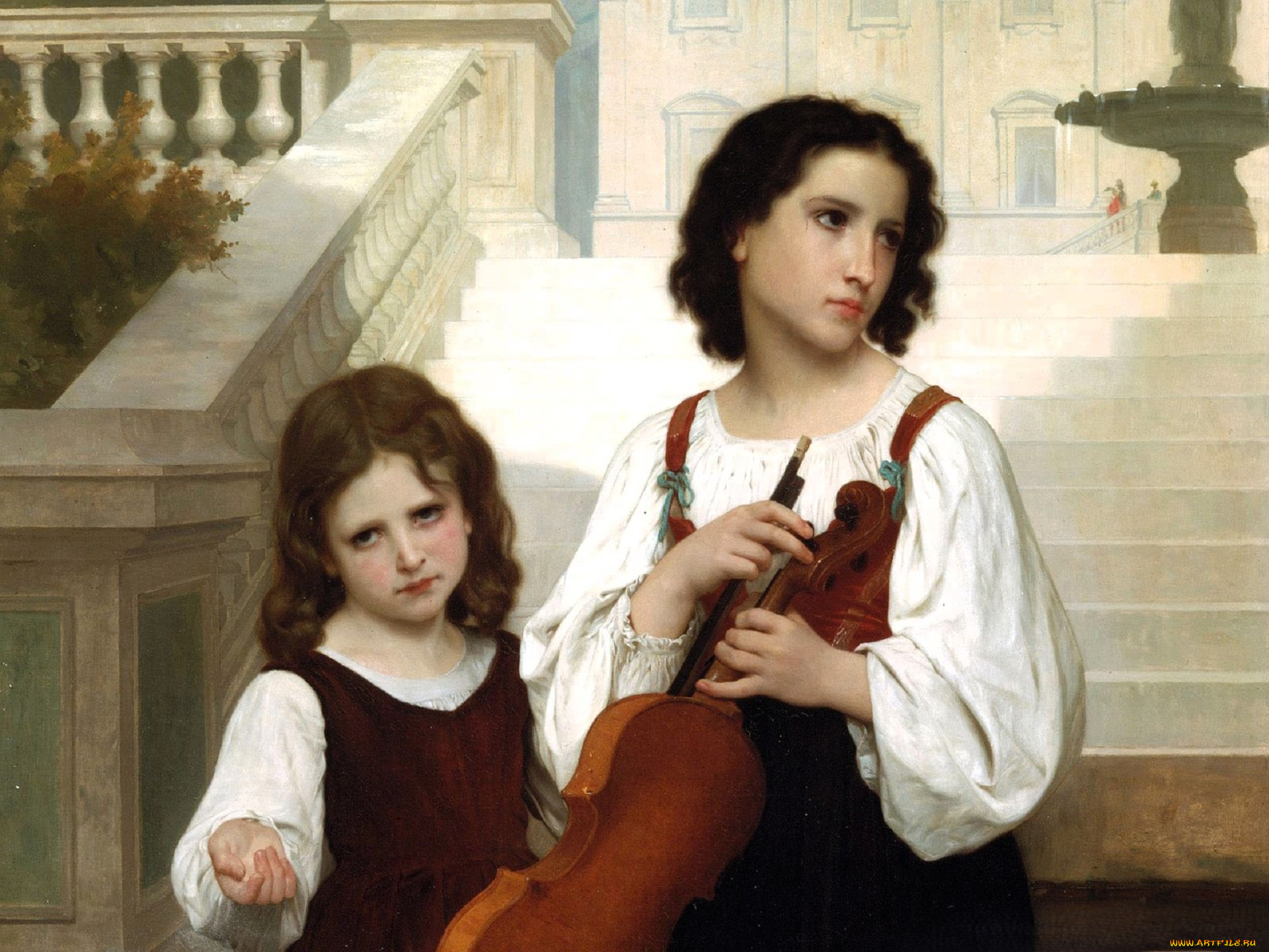 рисованное, adolphe-william, bouguereau, девочки, скрипка, лестница, дворец