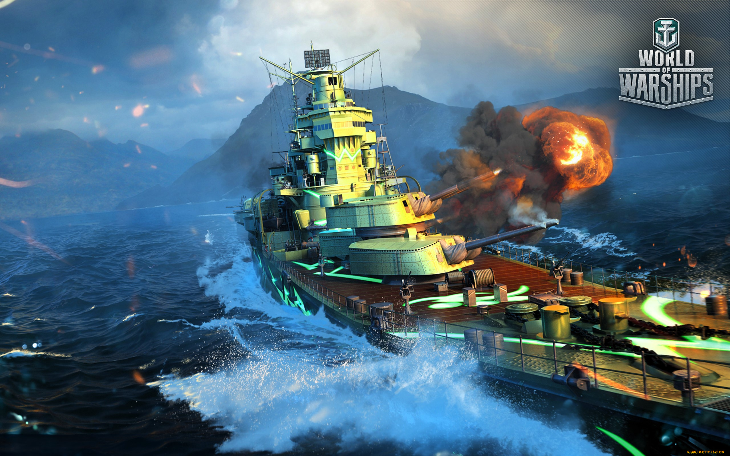 видео, игры, world, of, warships, корабль, пушки, выстрел, море, горы