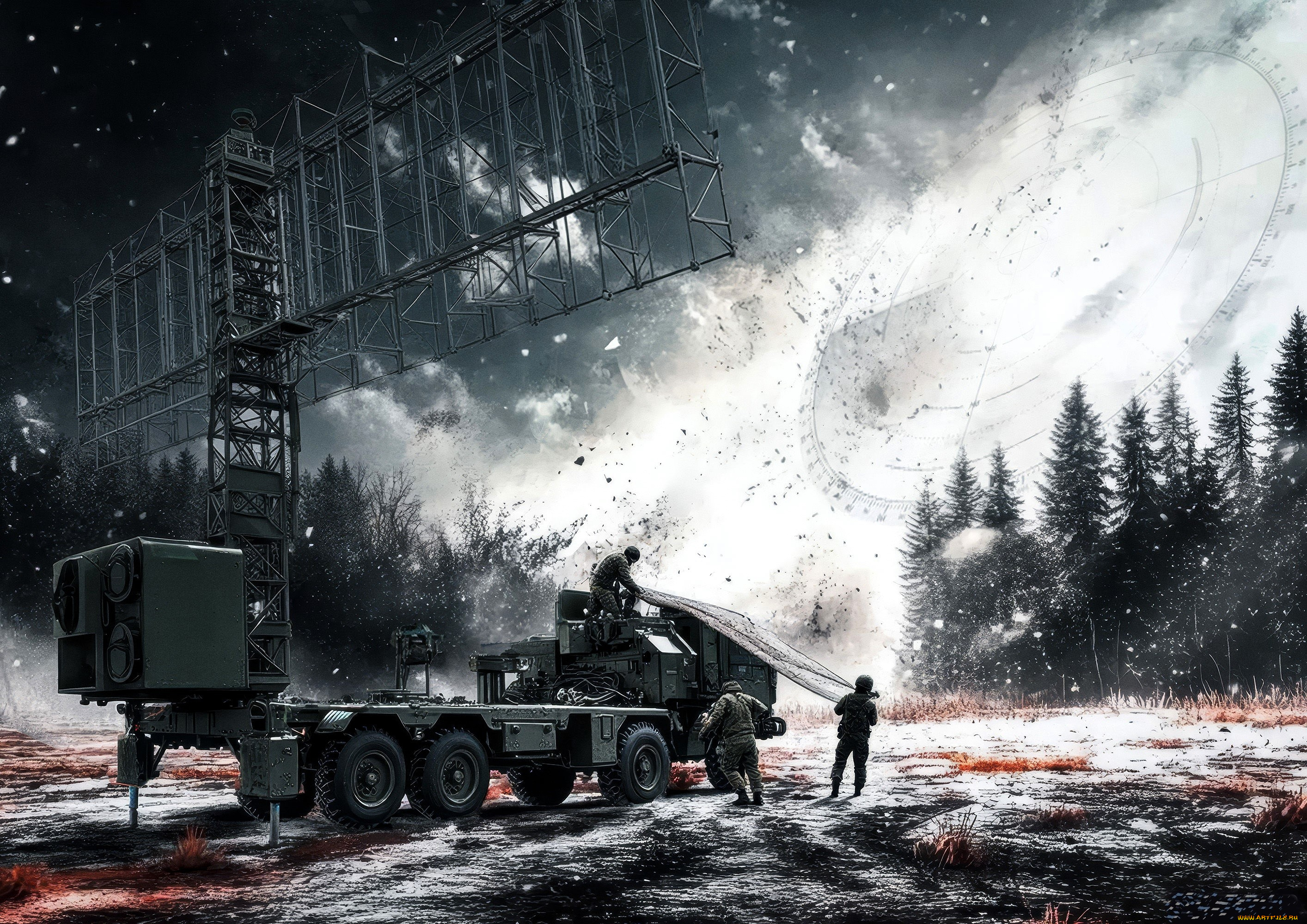 рисованное, армия, радар, машина, ночь, люди, солдаты, лес, снег, поляна