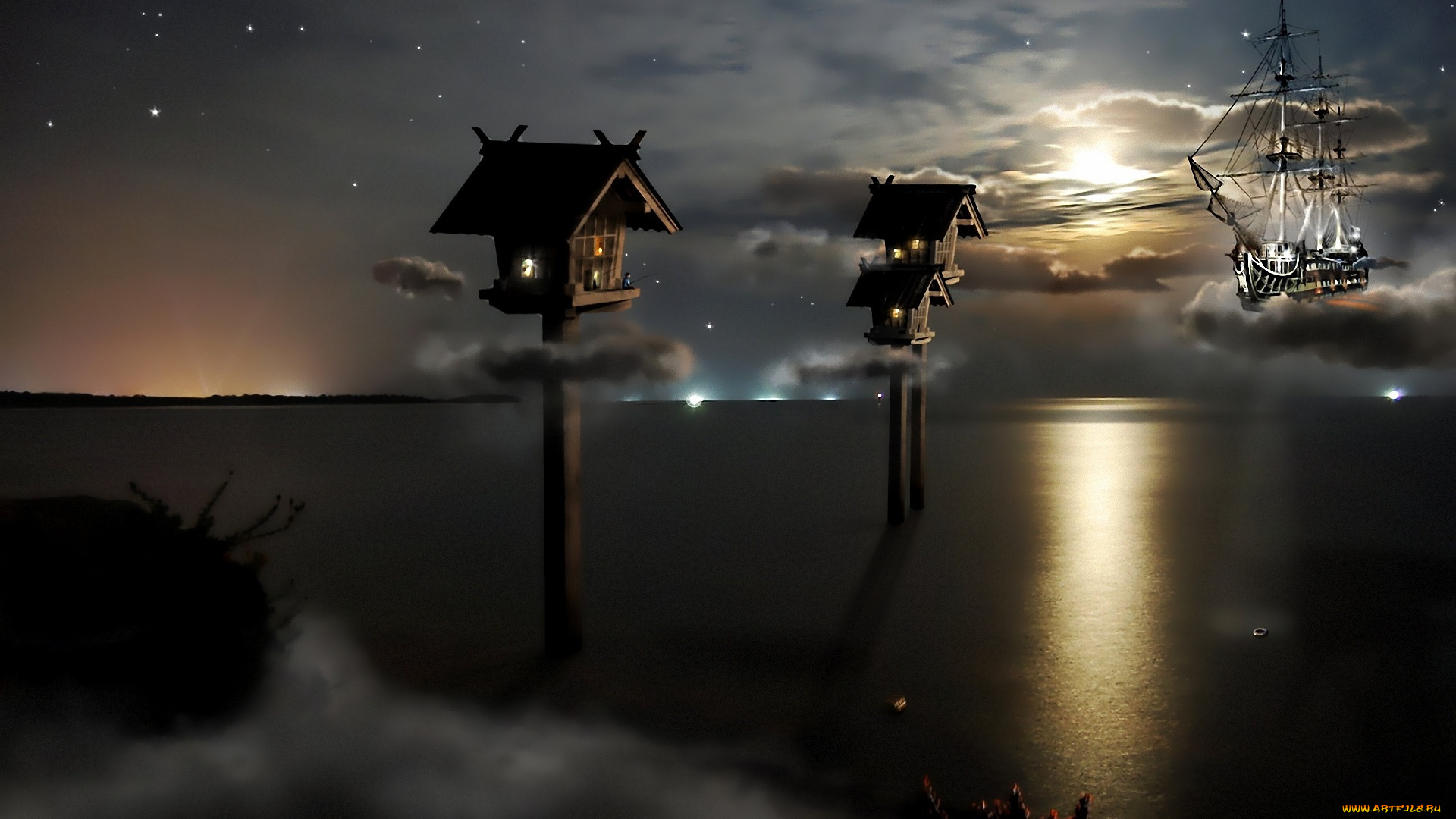 3д, графика, fantasy, фантазия, летучий, корабль