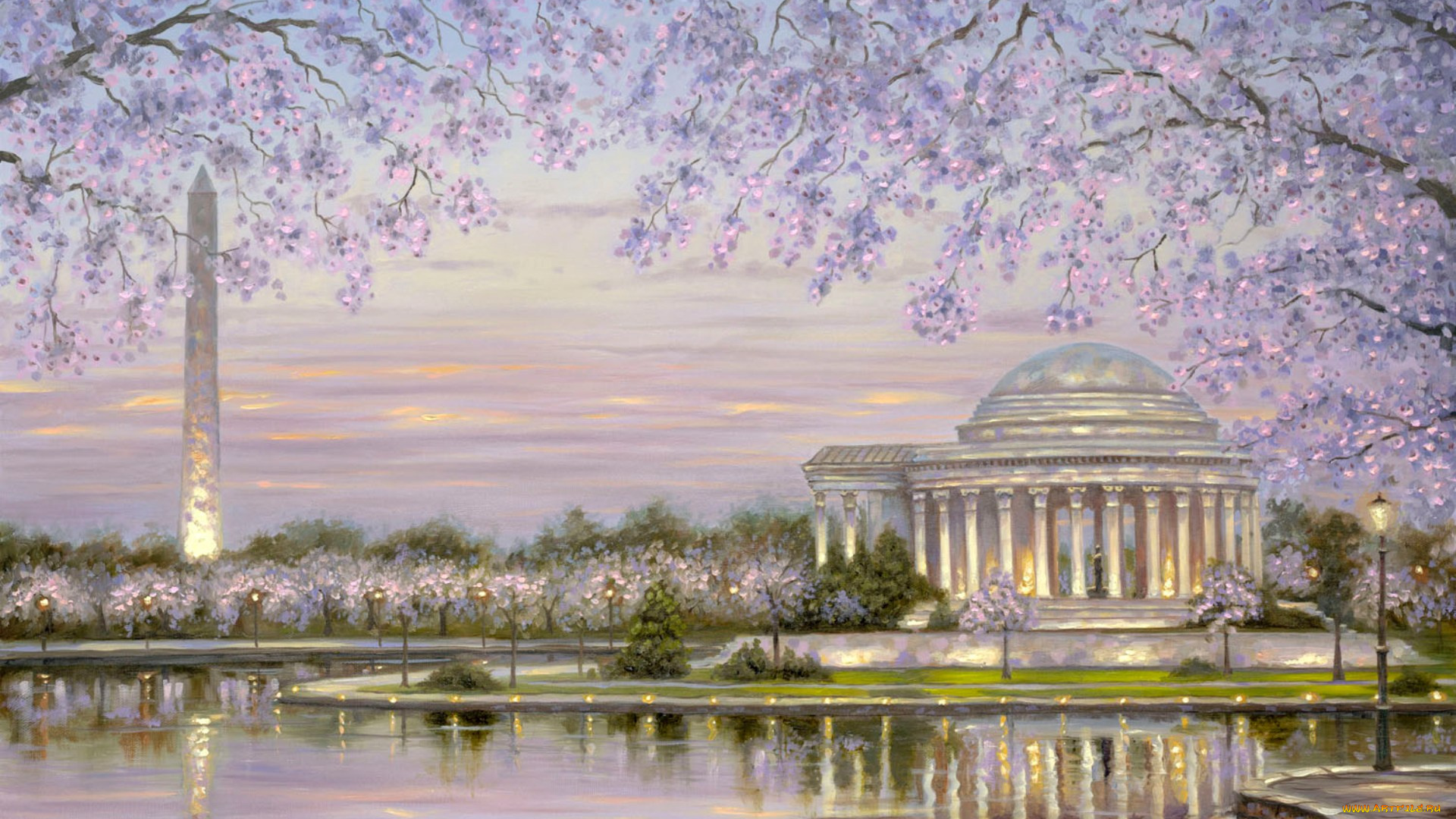 spring, blossom, рисованные, robert, finale, painting, весна, парк, цветение, озеро