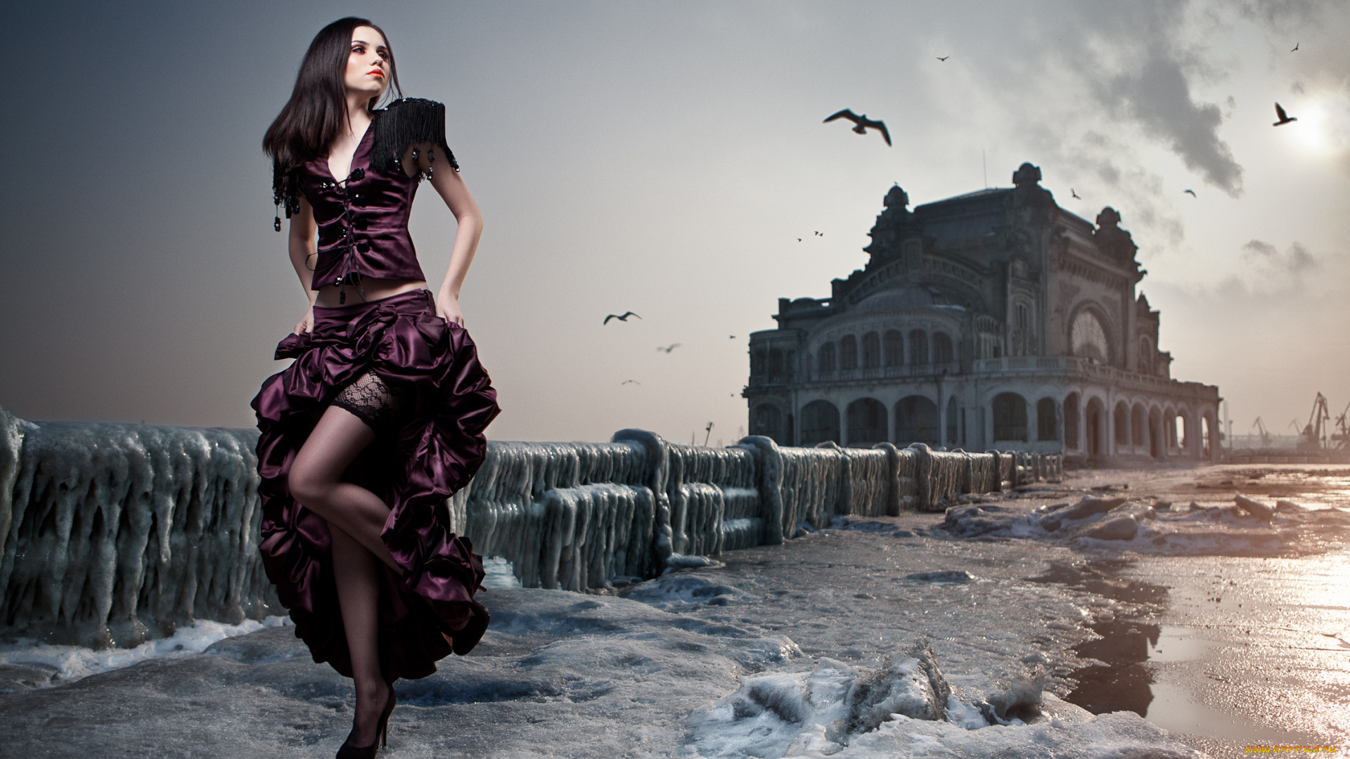 -Unsort, Брюнетки, Шатенки, авт, daniel, ilinca, девушки, unsort, брюнетки, шатенки, платье, ножки, чулки, лёд, птицы