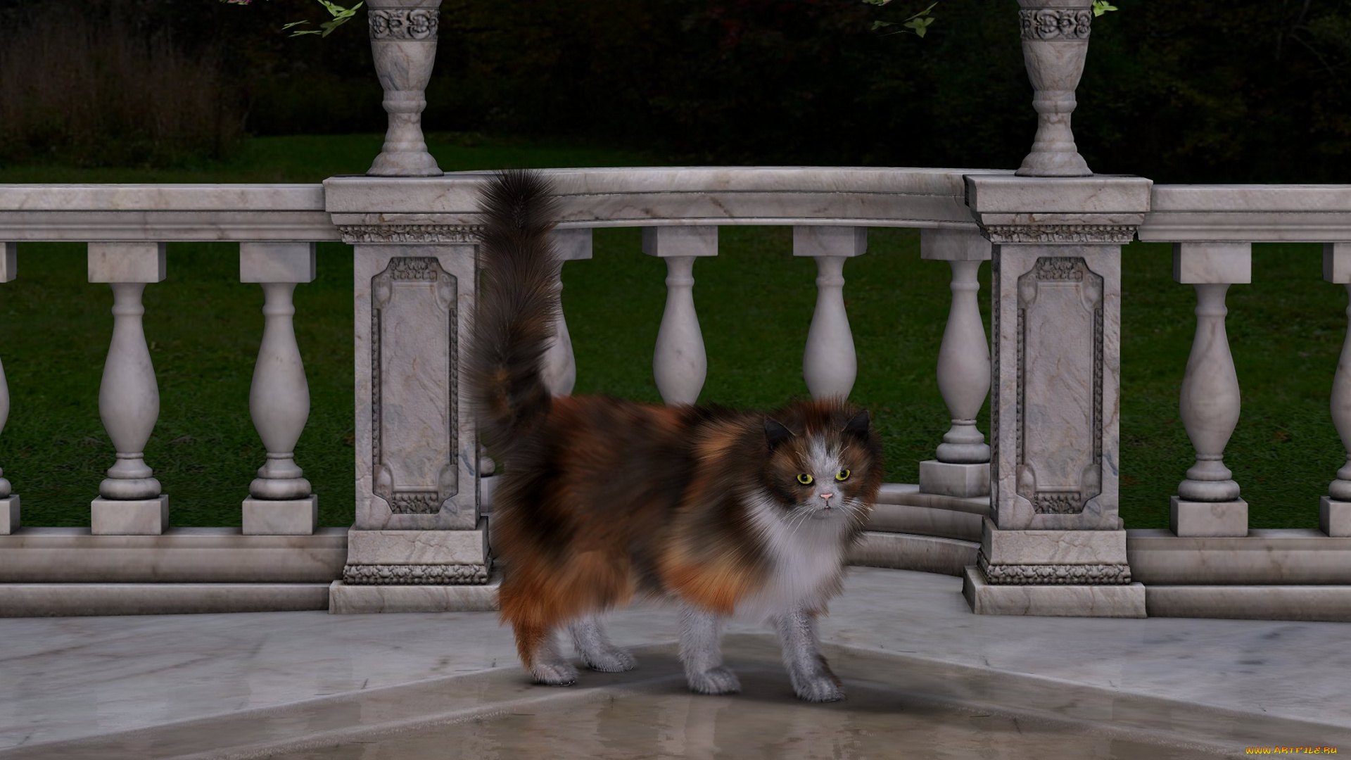 3д, графика, animals, животные, ограждение, кот, растение