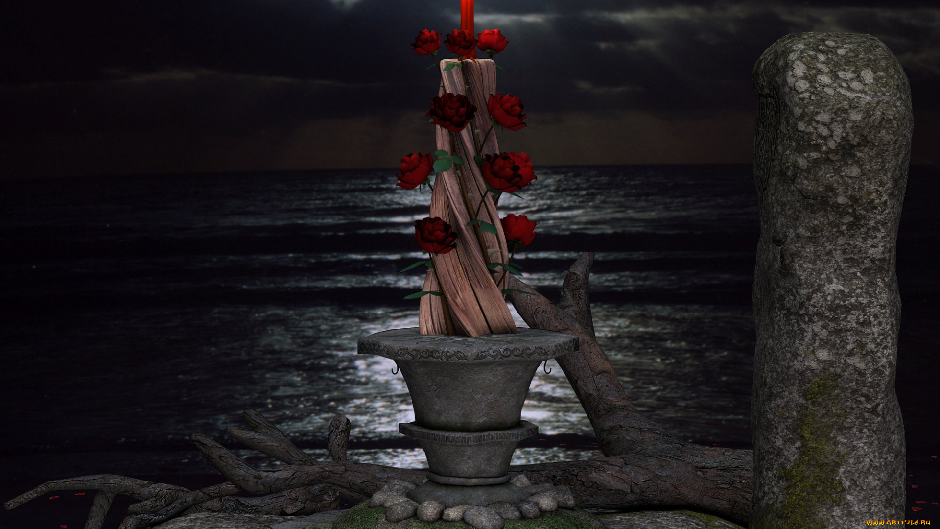 3д, графика, flowers, цветы, камень, вода, небо