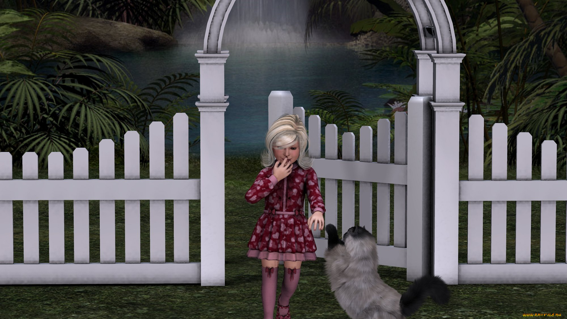 3д, графика, people, люди, девушка, забор, кот