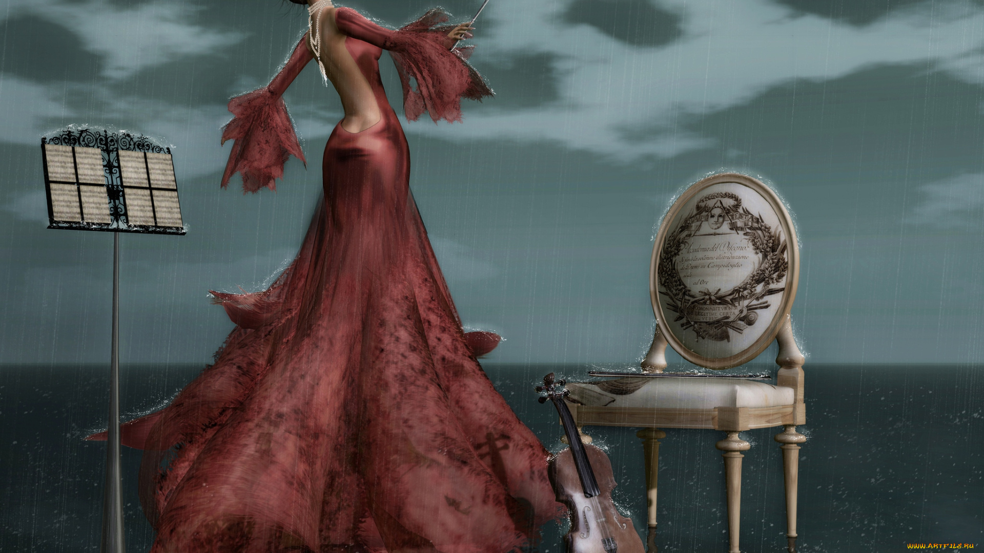 3д, графика, people, люди, платье, скрипка, дождь, стул