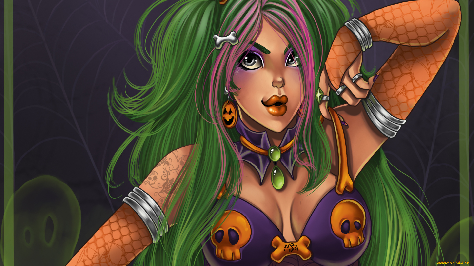 фэнтези, девушки, праздник, хэллоуин, волосы, бантики, черепа, рука, кольца