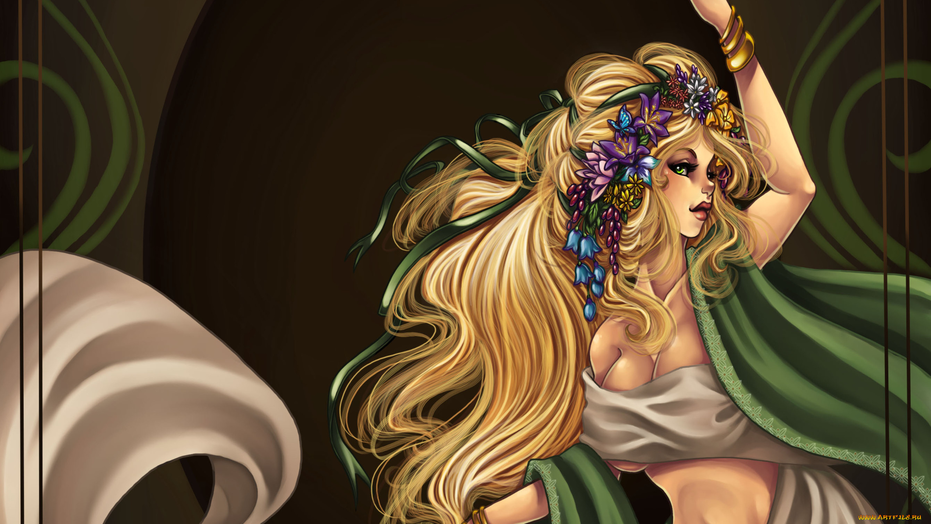 фэнтези, девушки, танцовщица, живот, рука, украшения, браслеты, цветы, волосы, ленточки, танец, девушка