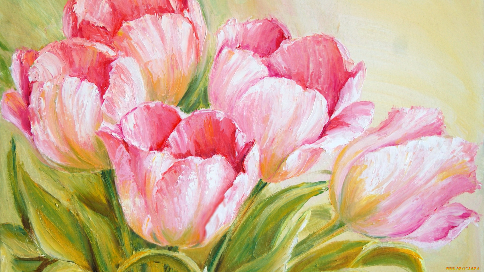 рисованные, цветы, тюльпаны, розовые, букет, листья