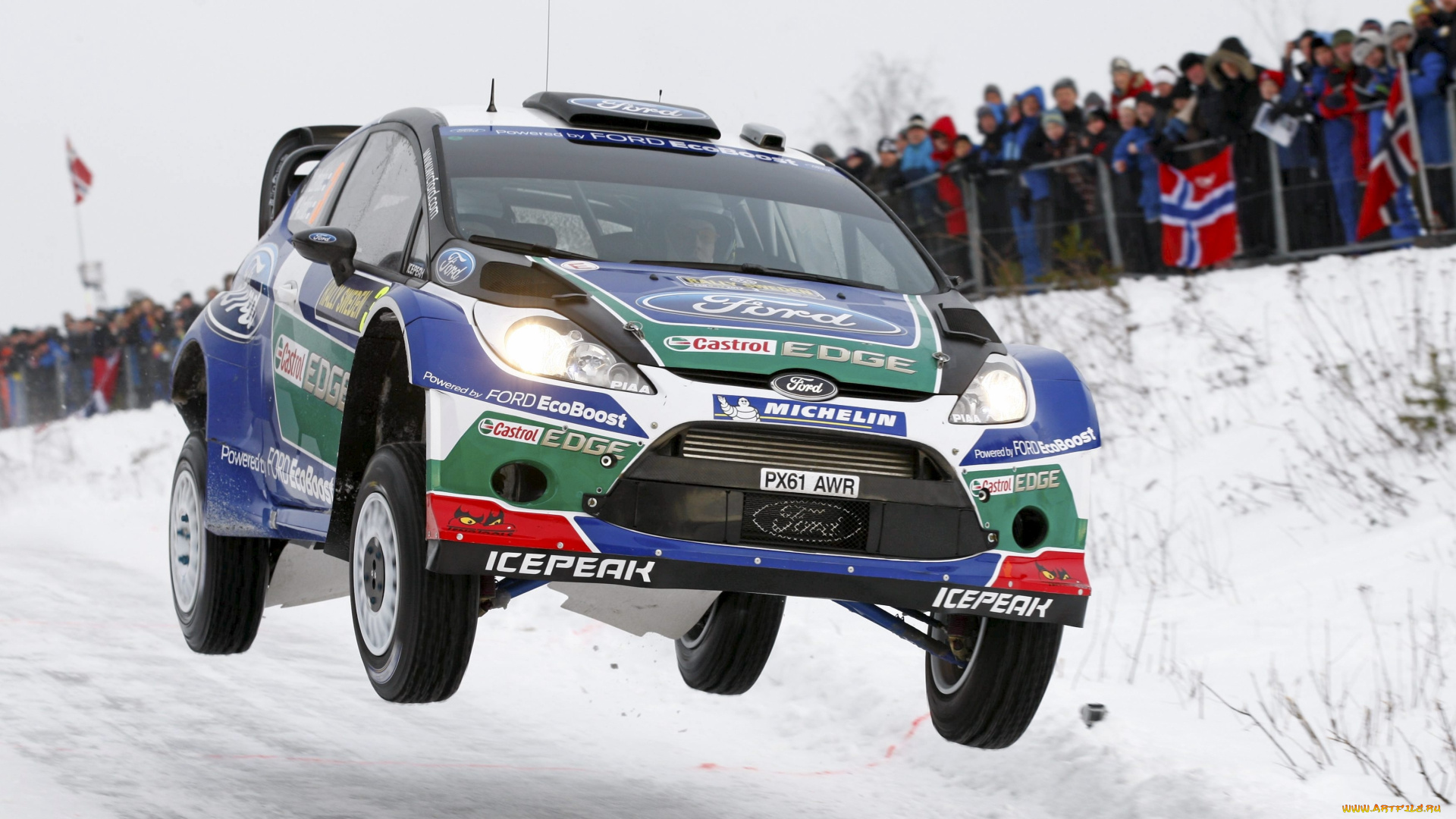 спорт, авторалли, форд, wrc, rally, fiesta, ford, зима, снег, полет, в, воздухе, ралли, фанаты, фары, капот