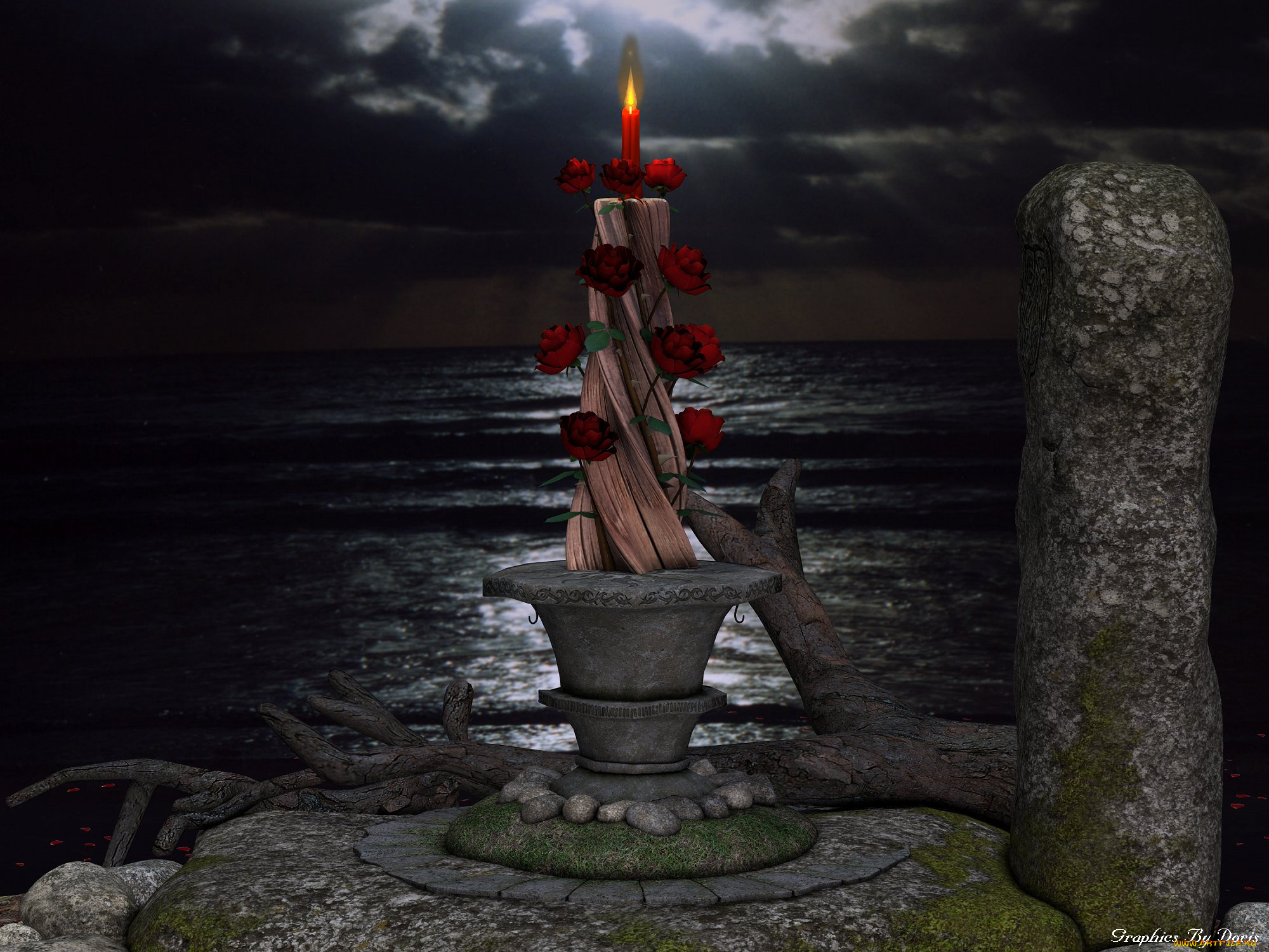 3д, графика, flowers, цветы, камень, вода, небо