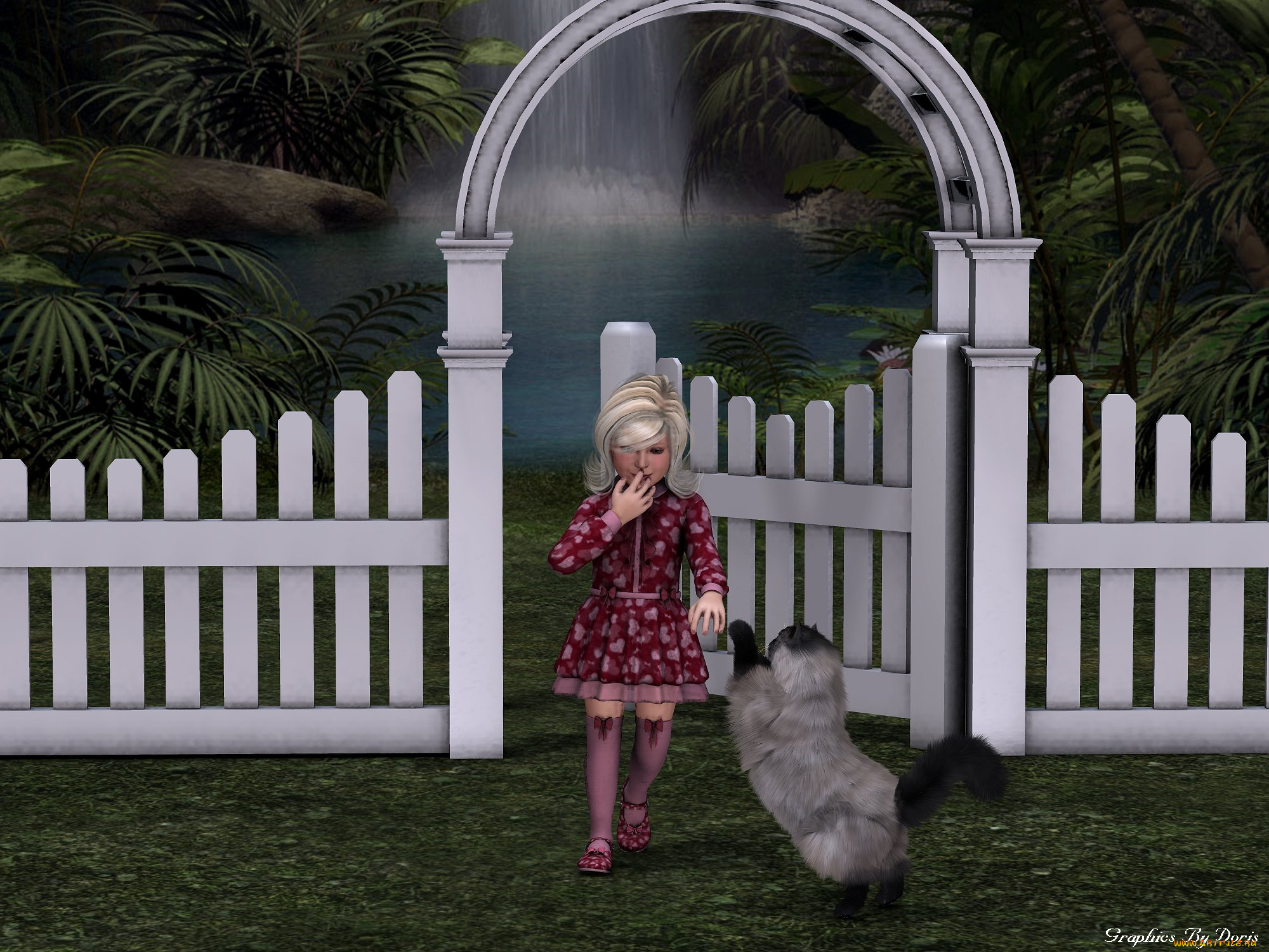 3д, графика, people, люди, девушка, забор, кот