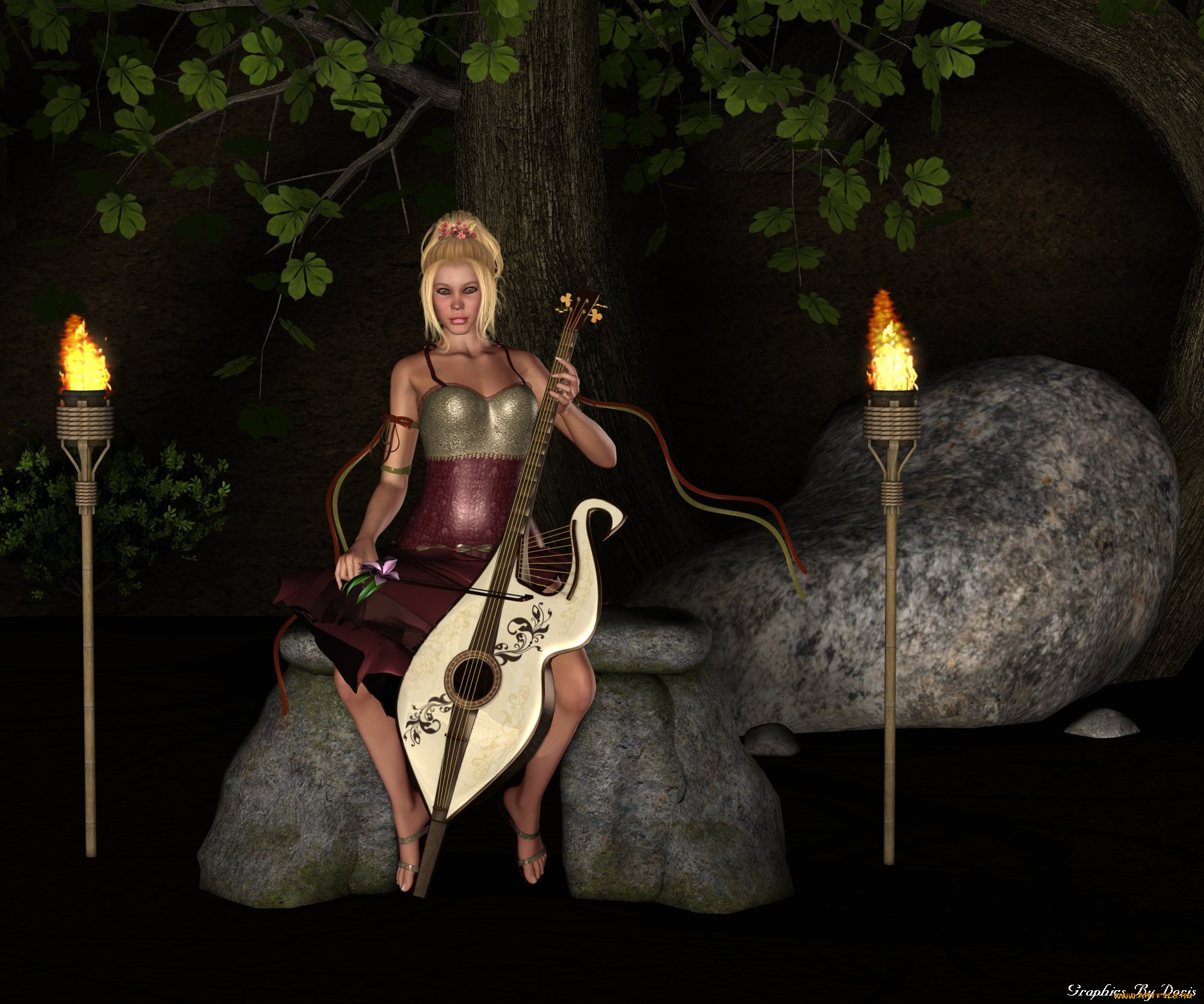 3д, графика, people, люди, факелы, камни, девушка