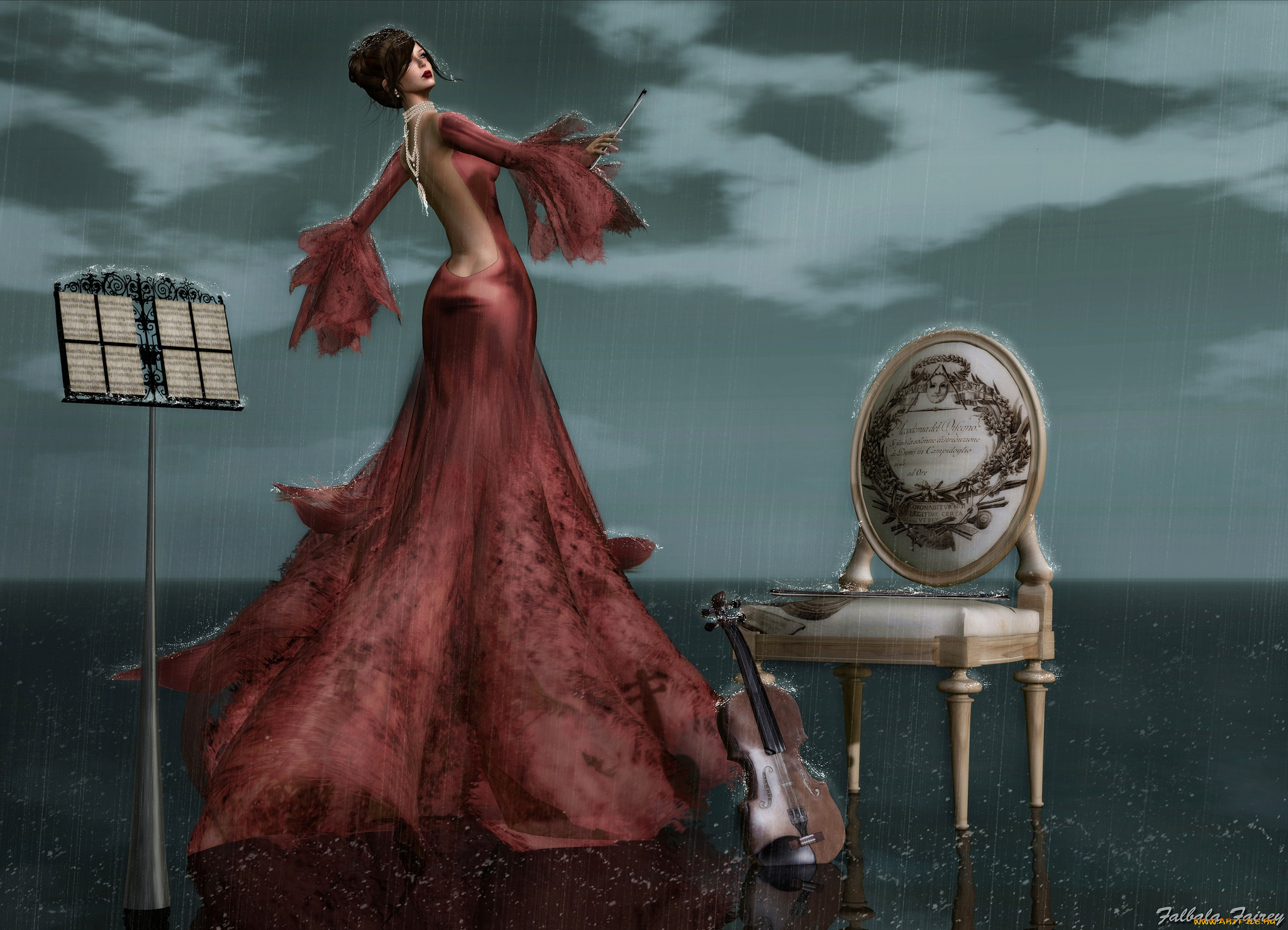 3д, графика, people, люди, платье, скрипка, дождь, стул