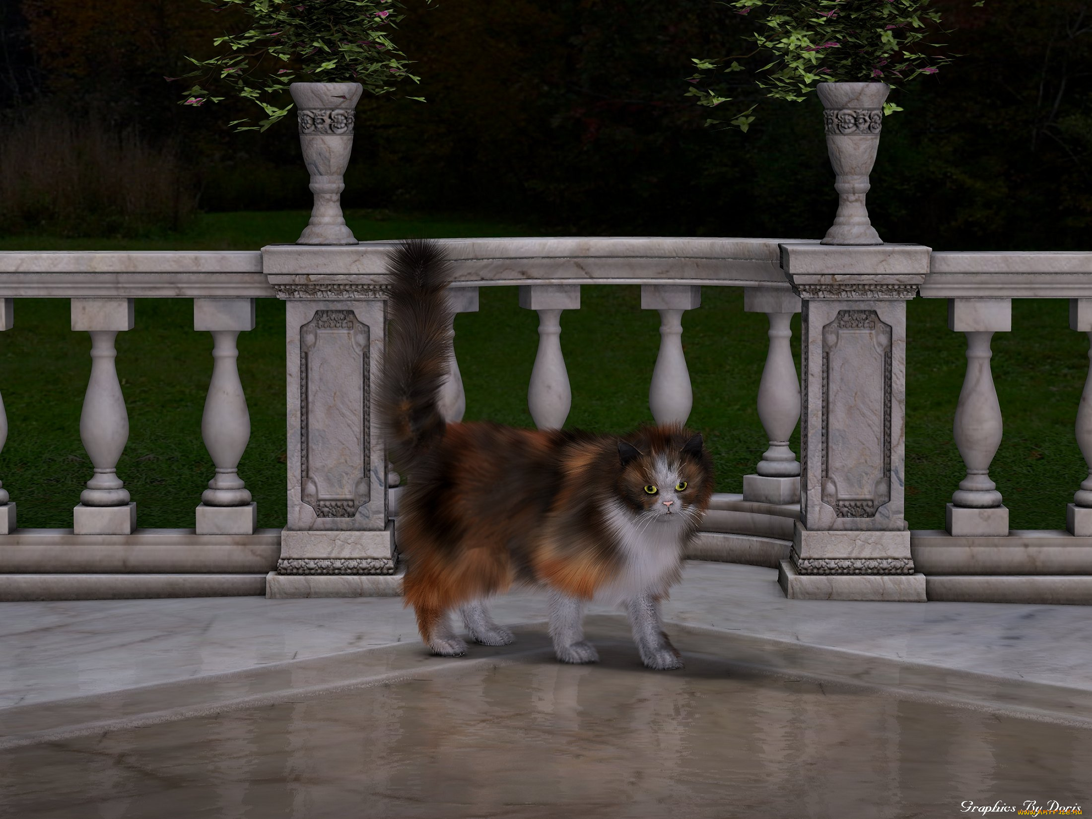 3д, графика, animals, животные, ограждение, кот, растение