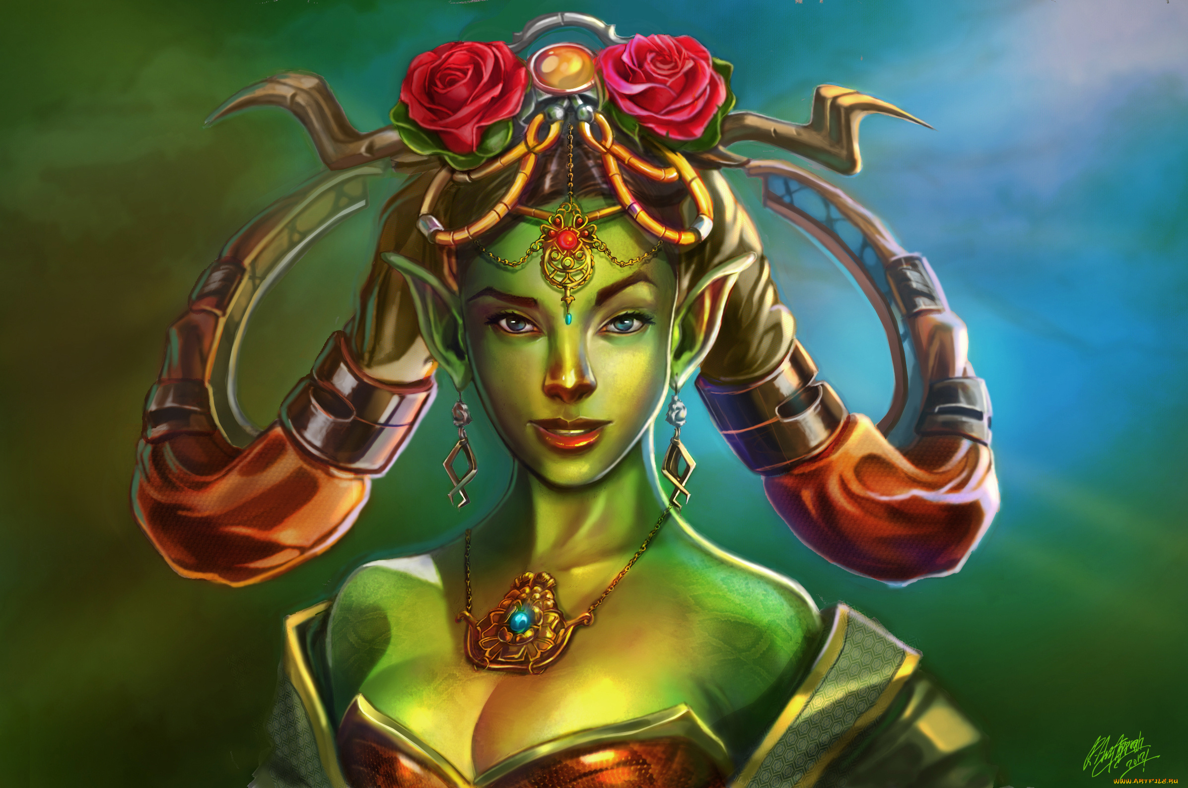 фэнтези, существа, рога, розы, украшения