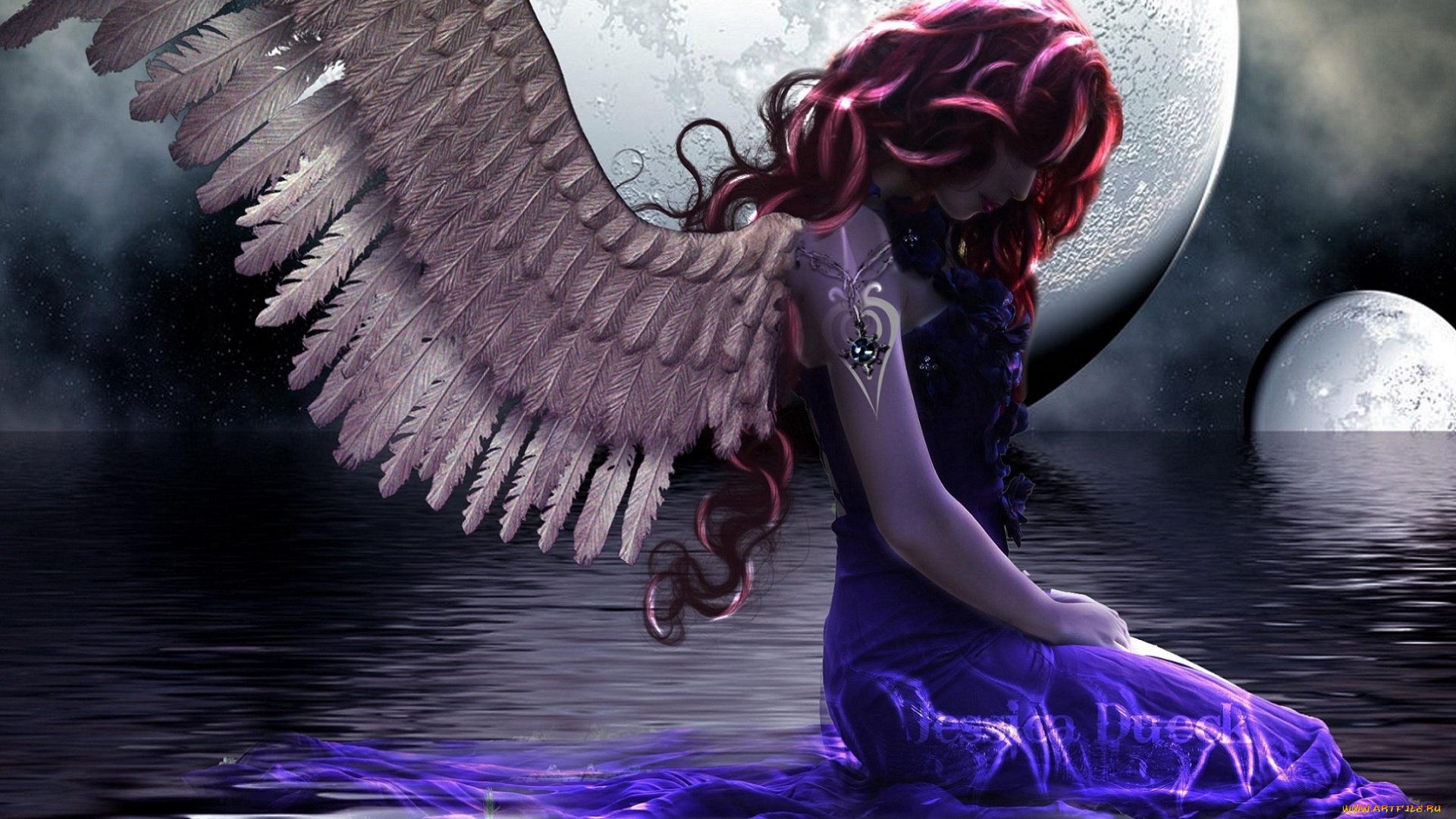 3д, графика, angel, , ангел, крылья, девушка, отражение, вода, платье, кудри, красные, волосы, профиль, лицо, ночь