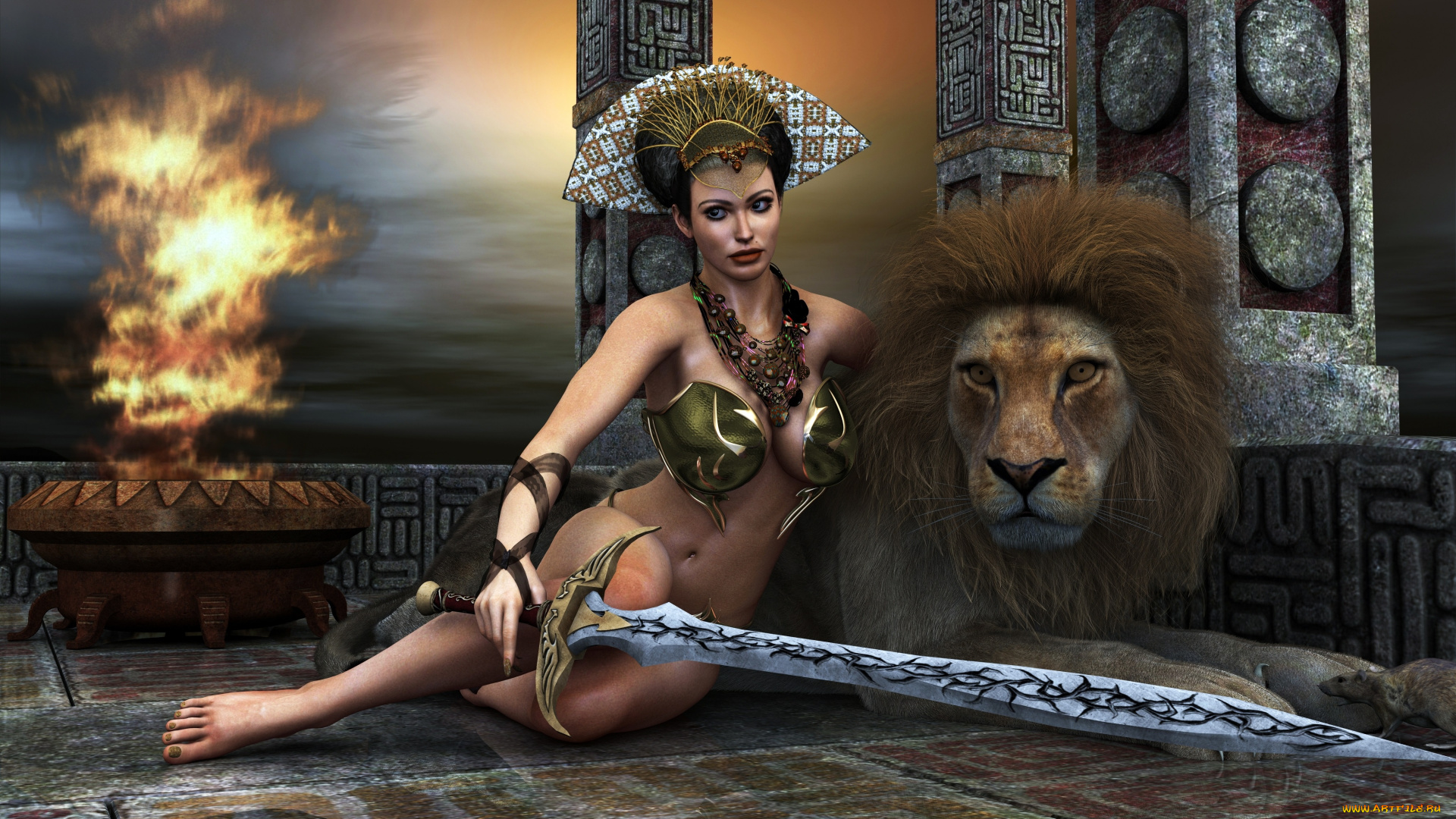 3д, графика, fantasy, , фантазия, лев, меч, девушка