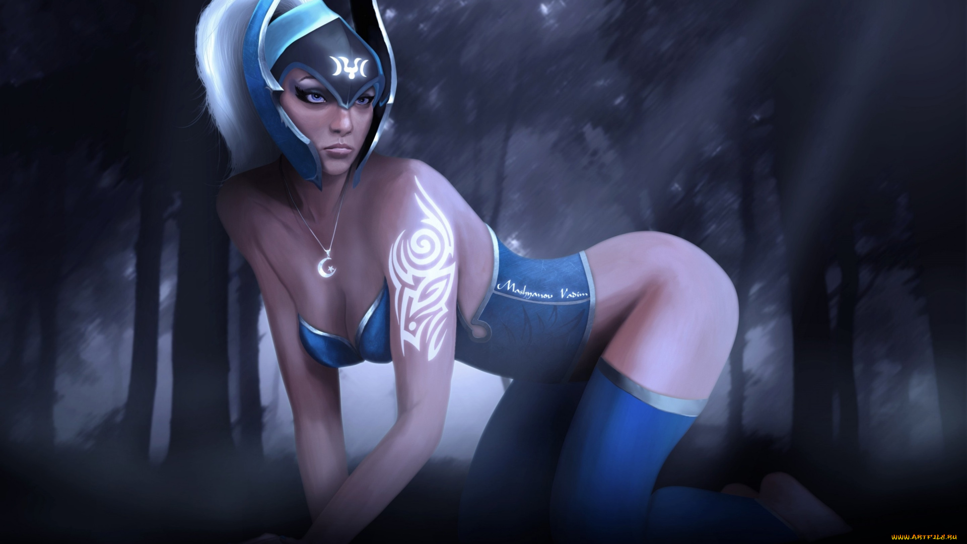 фэнтези, девушки, девушка, поза, узор, лес, шлем, luna, dota, 2
