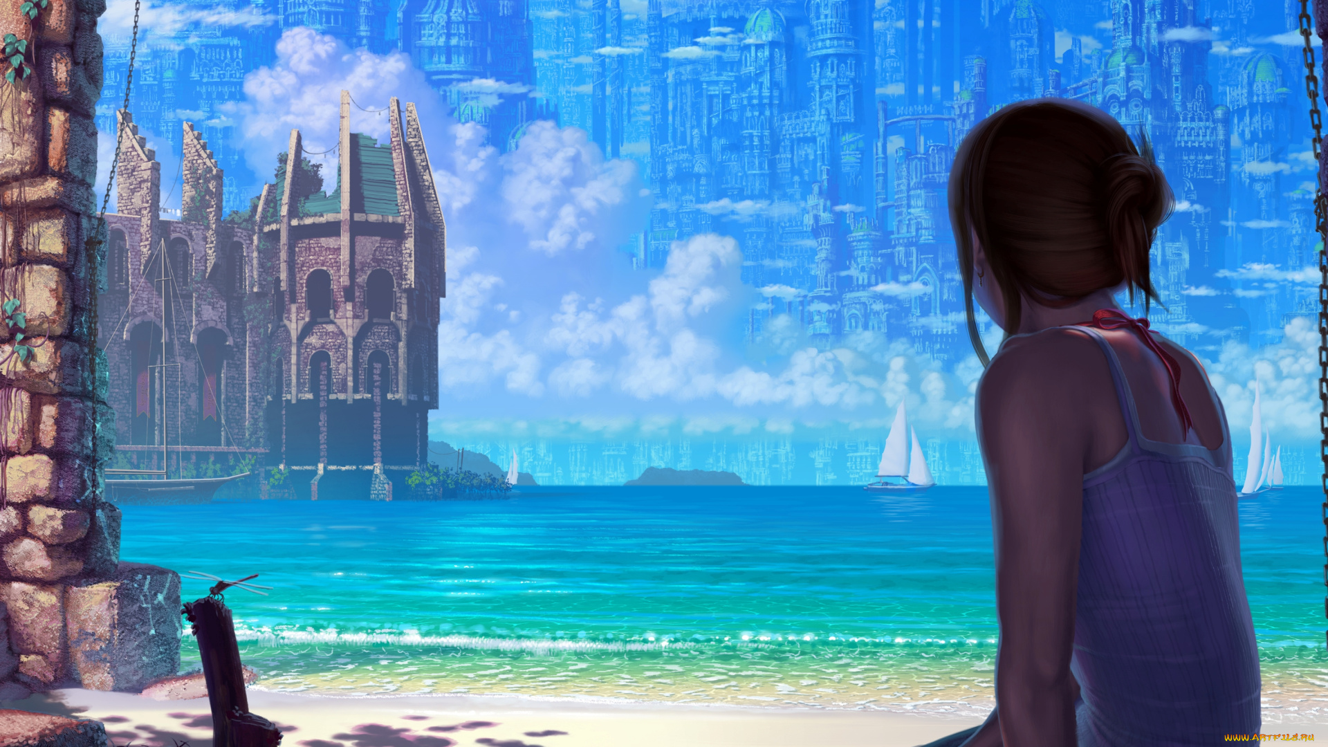 фэнтези, девушки, песок, море, мираж, девушка, сооружения