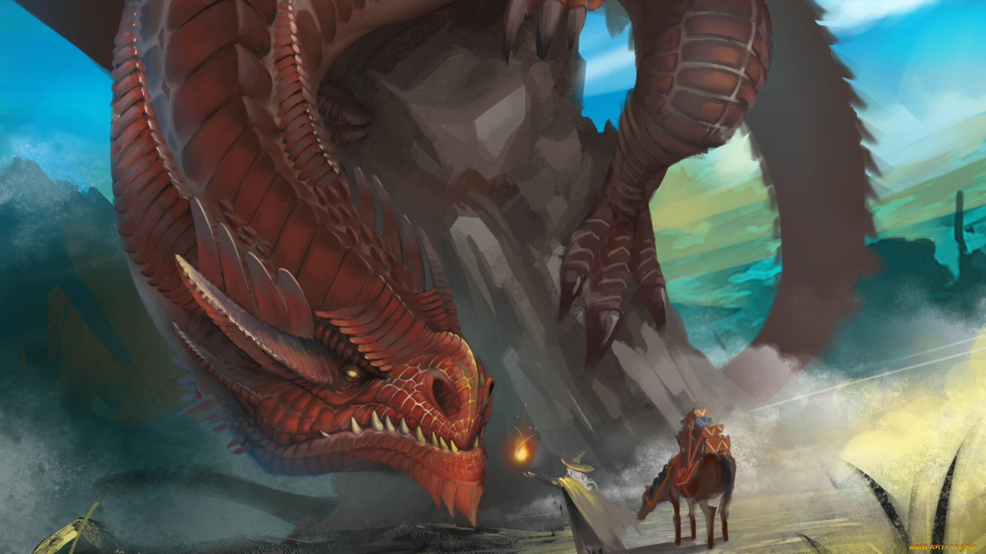 фэнтези, драконы, дракон, гигантский, скала, лошадь, старик, волшебник, огонь