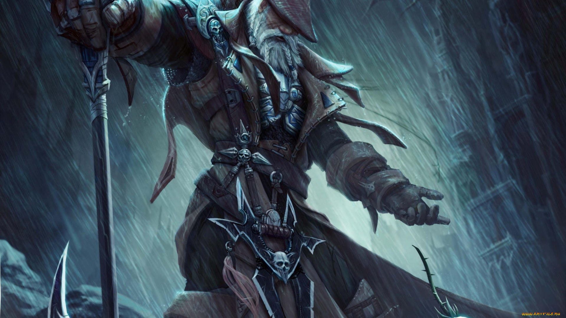 фэнтези, люди, мужчина, старик, дождь, оружие, роза, ночь, город